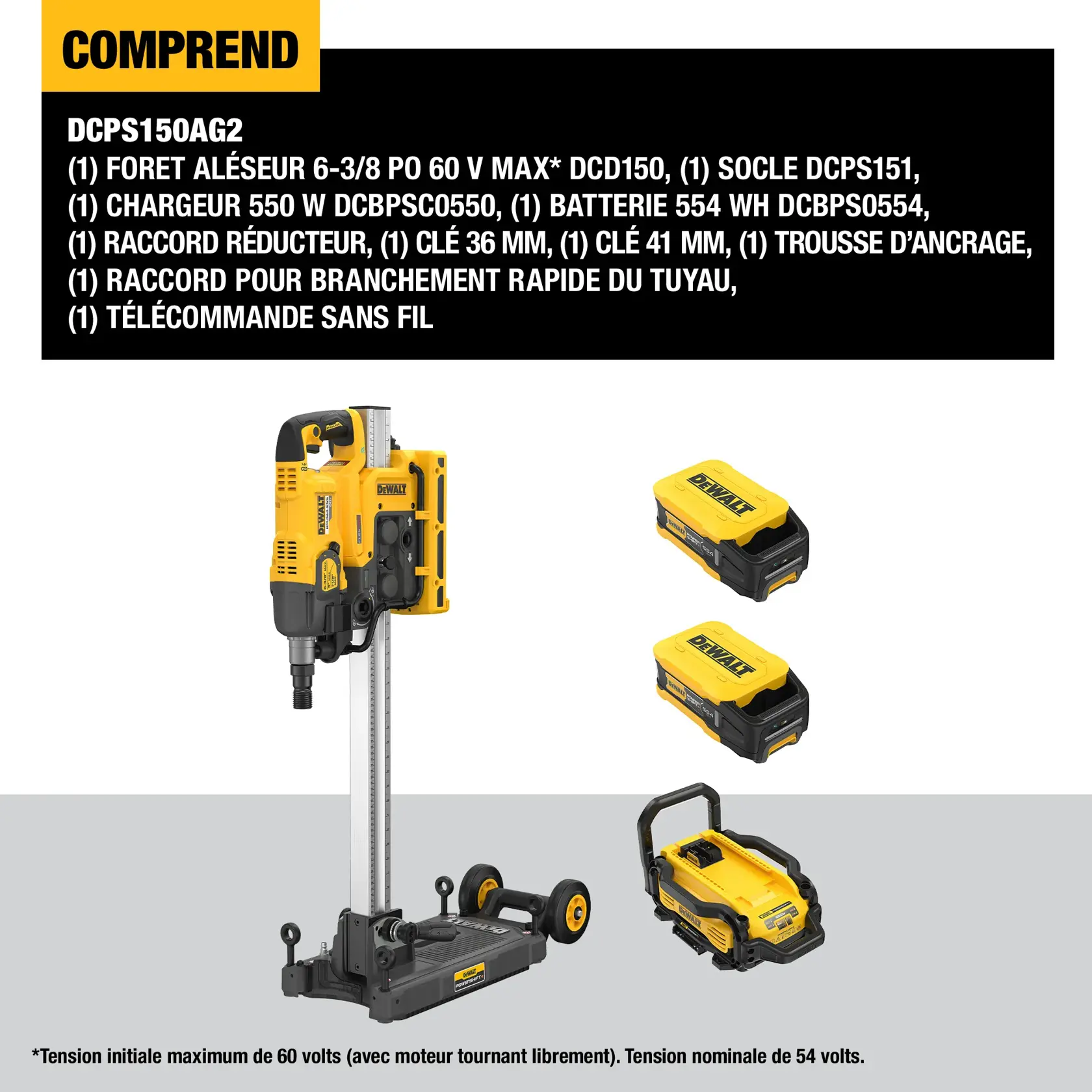 Image of DEWALT DCPS150AG2 core drill kit, which includes a 60V MAX 6-3/8 inch core drill mounted on a stand, two yellow and black batteries, a yellow charger, and various accessories listed in the text such as wrenches, anchor kit, core bit reducer, hose connection, and wireless tool control remote. The kit components are displayed on a grey and white background, with a black section listing all included items.