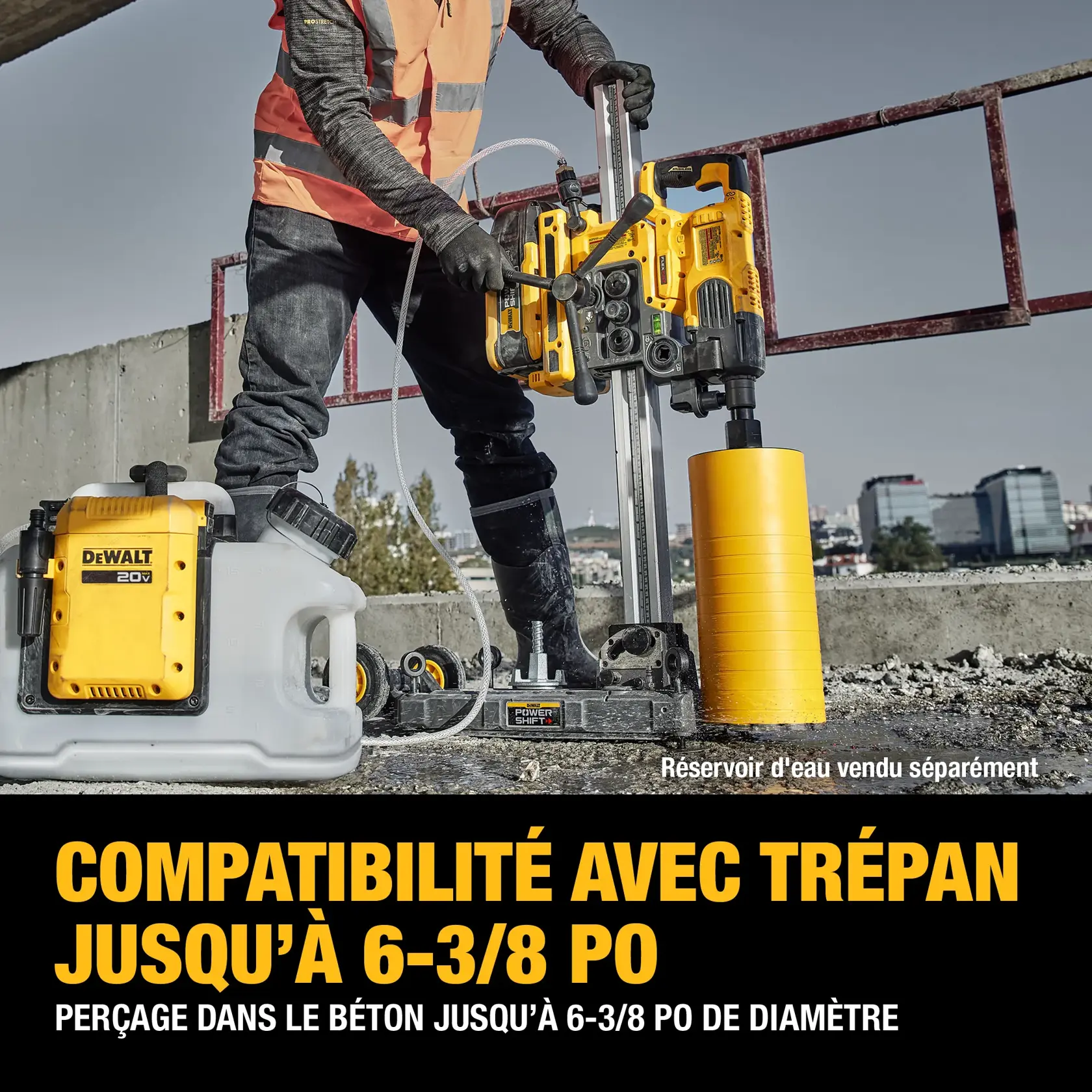 A worker wearing safety gear operates a DEWALT power tool, specifically a yellow cordless rail saw, at a construction site. The worker's face is blurred for privacy.
