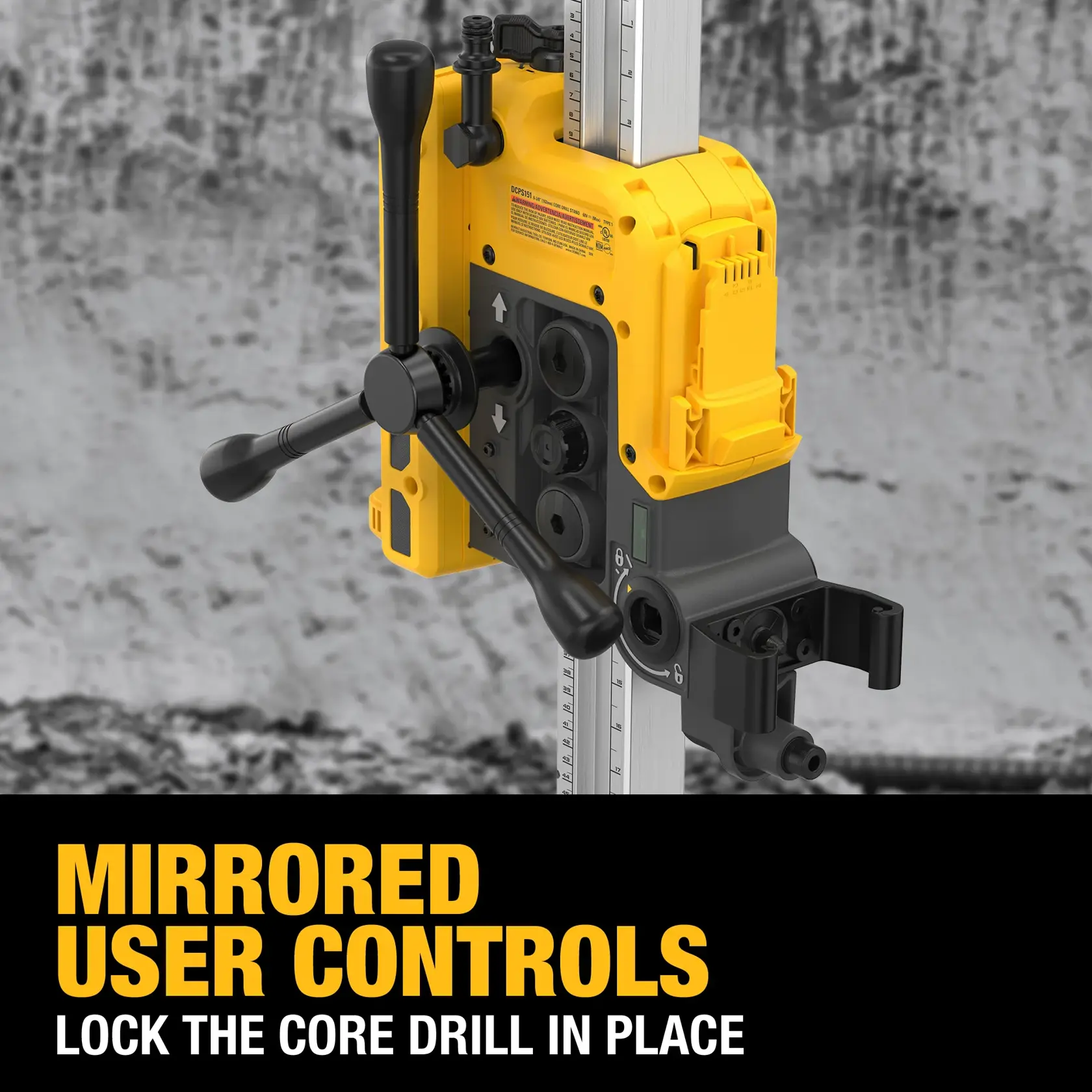 Close-up view of a DEWALT core drill model DCPS151 mounted on a vertical rail, highlighting its mirrored user controls and locking mechanism. Text overlay reads 'MIRRORED USER CONTROLS - LOCK THE CORE DRILL IN PLACE.'
