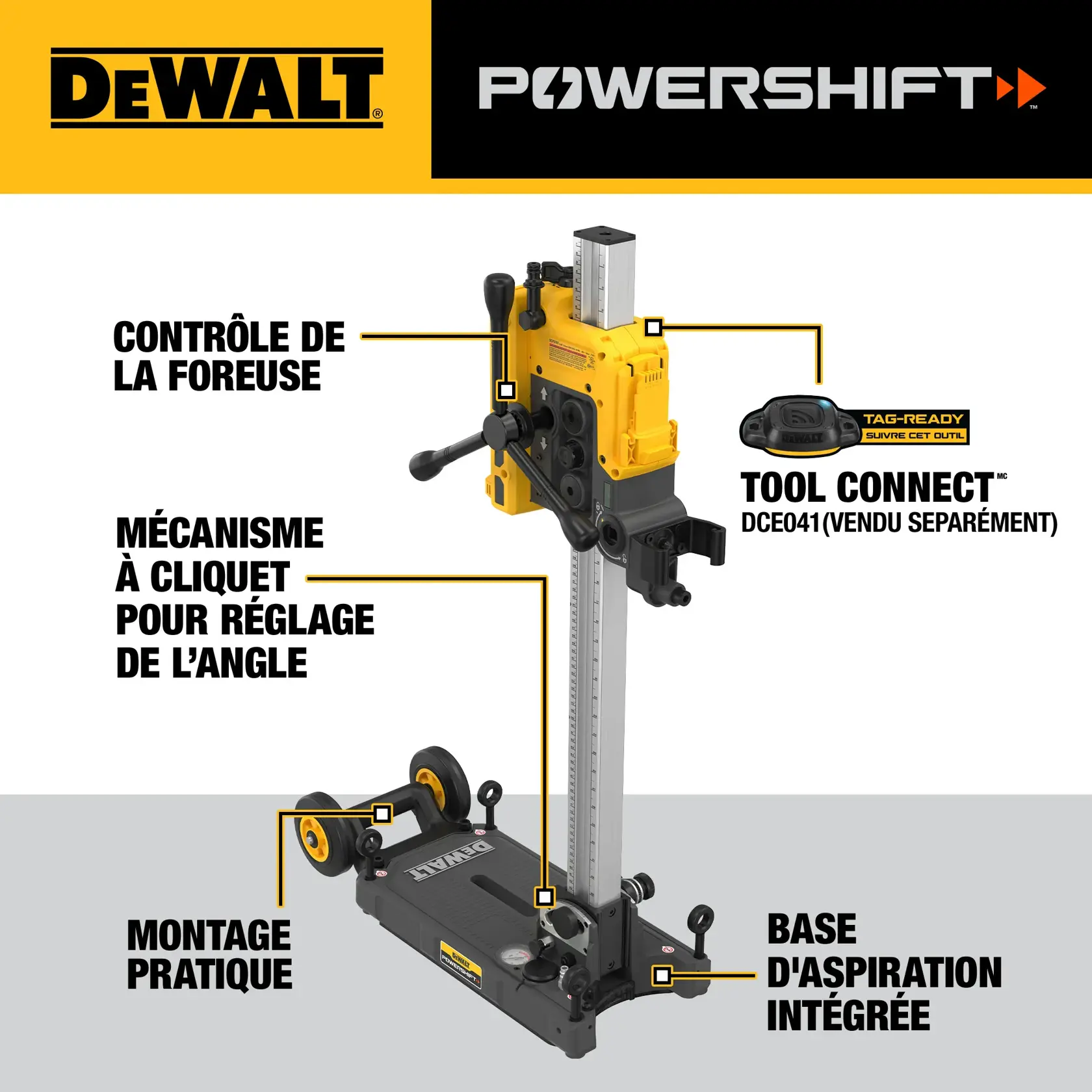 A DEWALT Powershift tool stand is shown. It features mirrored user controls, an adjustable angle ratchet, convenient mounting, and an integrated vacuum base. TOOL CONNECT™ DCE041 tracking device is also highlighted, which is sold separately.
