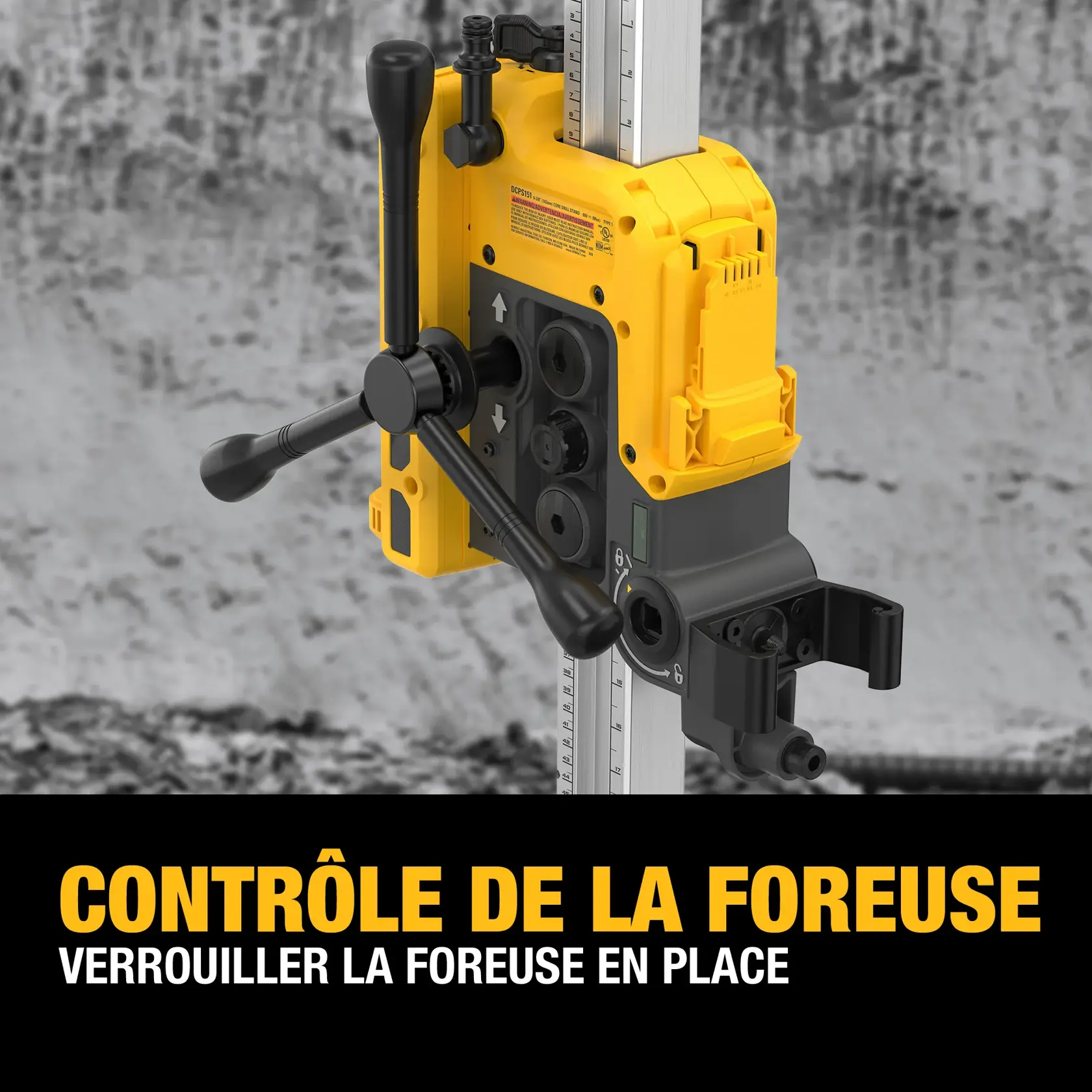 Close-up view of a DEWALT core drill model DCPS151 mounted on a vertical rail, highlighting its mirrored user controls and locking mechanism. Text overlay reads 'MIRRORED USER CONTROLS - LOCK THE CORE DRILL IN PLACE.'