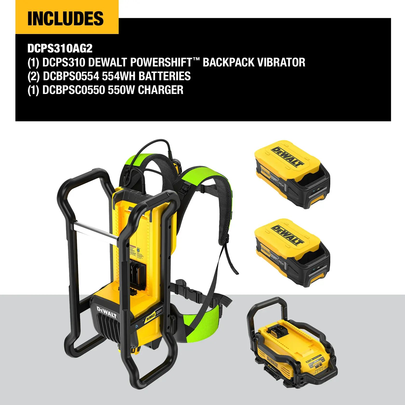 Image shows the DEWALT Powershift backpack vibrator kit, including a yellow and black backpack vibrator unit with padded straps, two yellow DEWALT 554Wh batteries, and one 550W charger. The top section lists the included items: DCPS310AG2 kit, one DCPS310 backpack vibrator, two DCBPS0554 batteries, and one DCBPSC0550 charger.