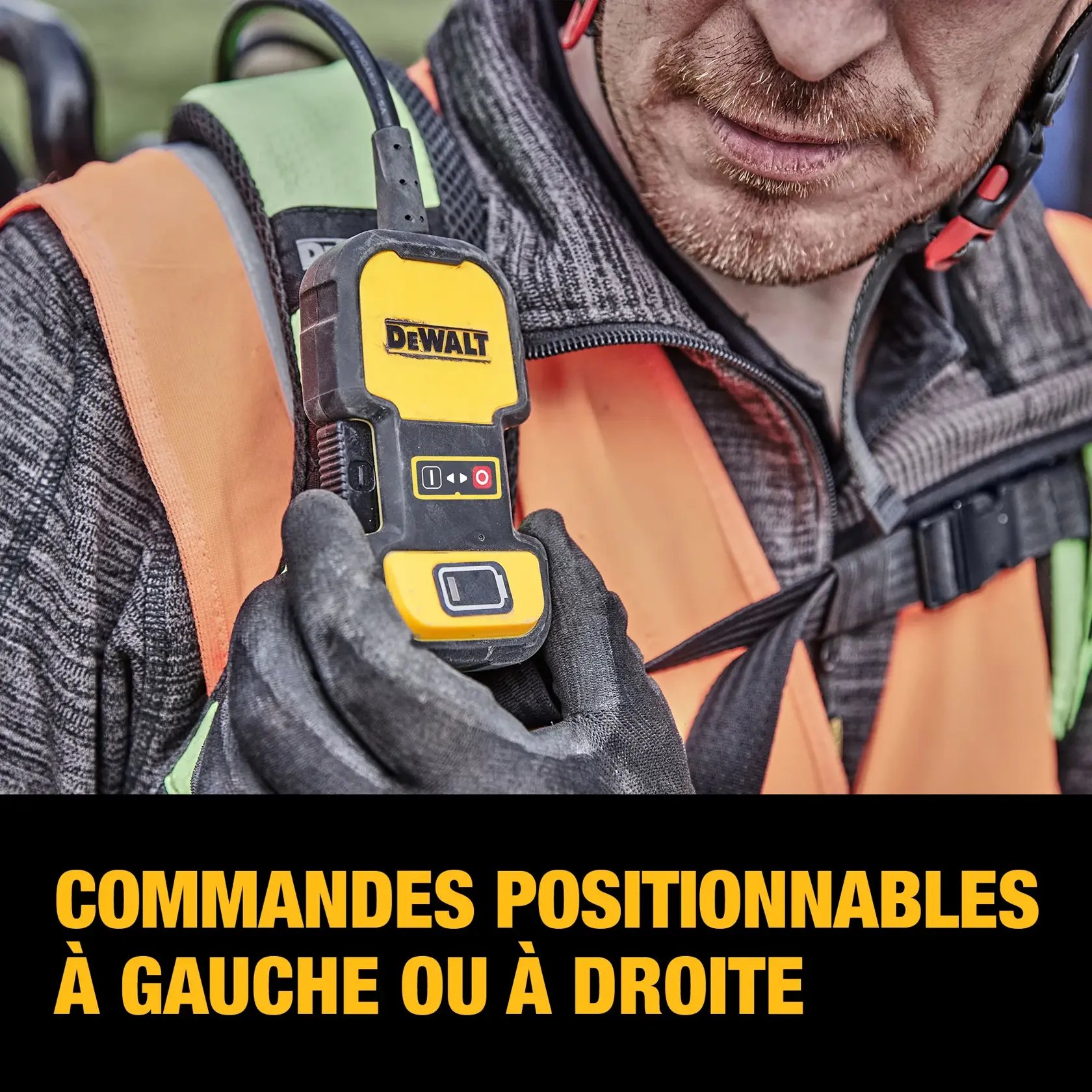 A person wearing safety gear holds a DEWALT remote control device, which features buttons and a display. The text below reads: 'LEFT OR RIGHT SIDE POSITIONABLE CONTROLS.'