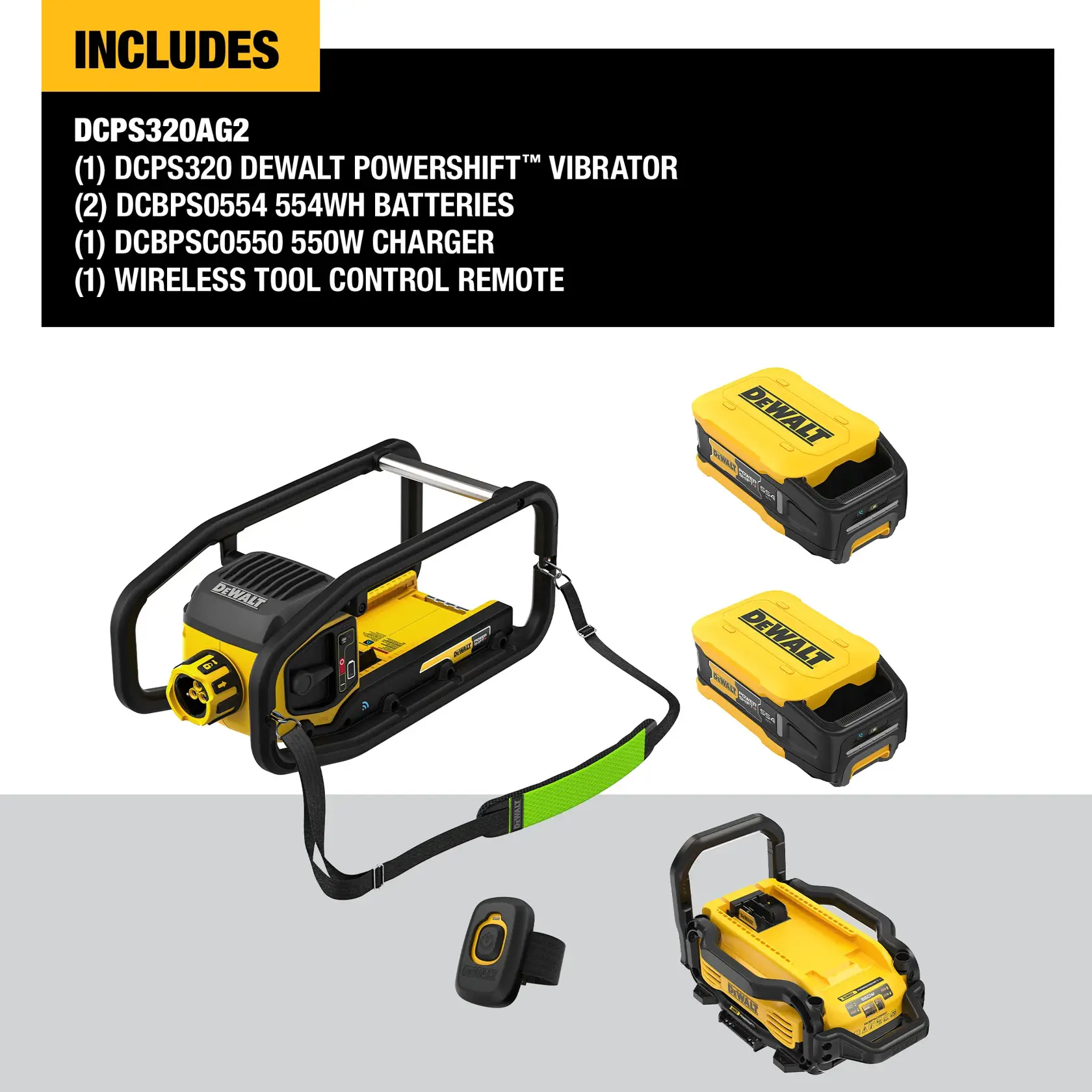 DEWALT Powershift DCPS320AG2 product kit including a DCPS320 DEWALT Powershift vibrator, two DCBPS0554 554Wh batteries, one DCBPSC0550 550W charger, and one wireless tool control remote. The products are displayed against a white and grey background with a list of included items shown at the top.