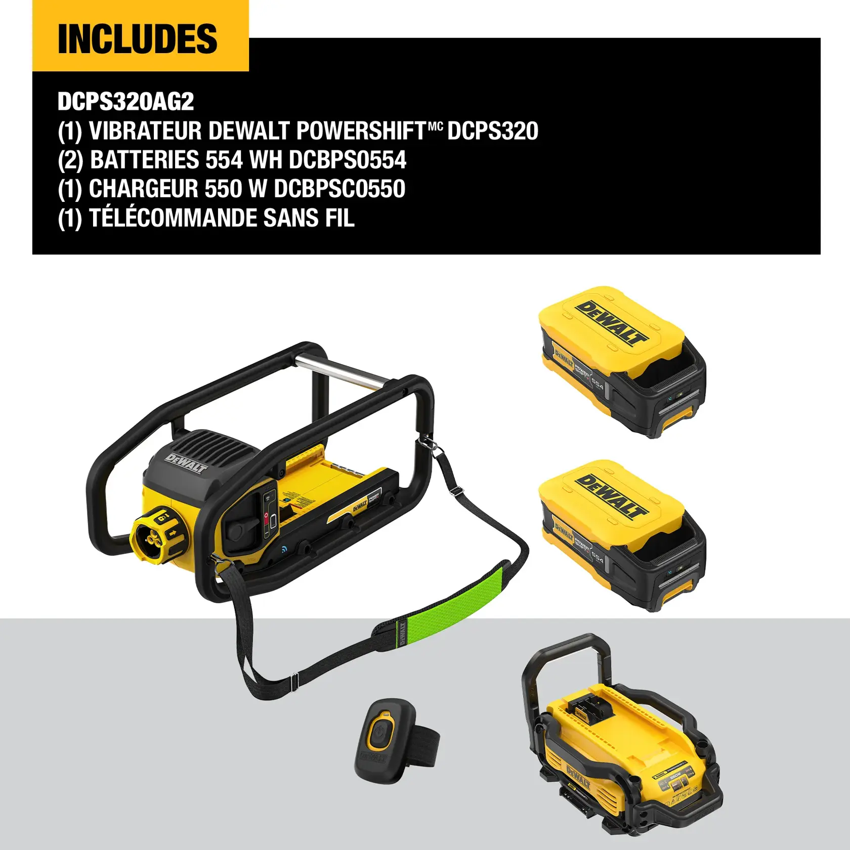 DEWALT Powershift DCPS320AG2 product kit including a DCPS320 DEWALT Powershift vibrator, two DCBPS0554 554Wh batteries, one DCBPSC0550 550W charger, and one wireless tool control remote. The products are displayed against a white and grey background with a list of included items shown at the top.