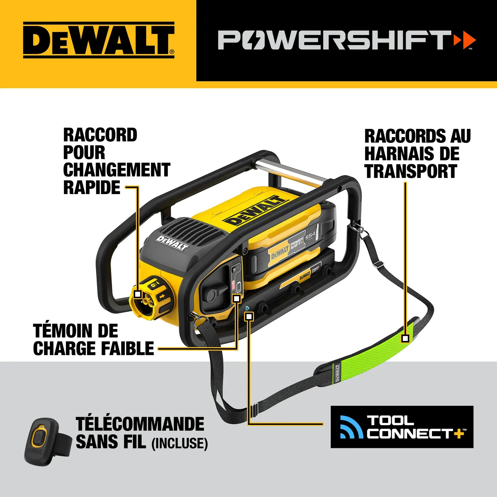 Image of a DEWALT POWERSHIFT device featuring labeled parts: Quick-change connection, low charge indicator light, carry harness connections, and a wireless tool control remote (included). The image also shows the Tool Connect+ logo.