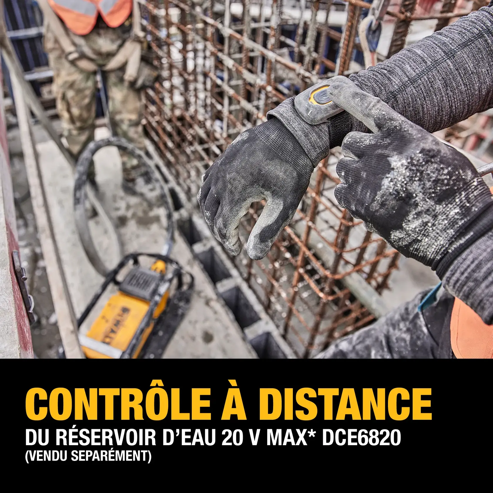 Construction workers using wireless tool control at a worksite. One worker is pressing a button on a device worn on the wrist, and a DEWALT wireless tool and water tank are visible in the background. Text on the image reads: 'WIRELESS TOOL CONTROL with DCE6820 20V MAX* Water Tank (sold separately)'.