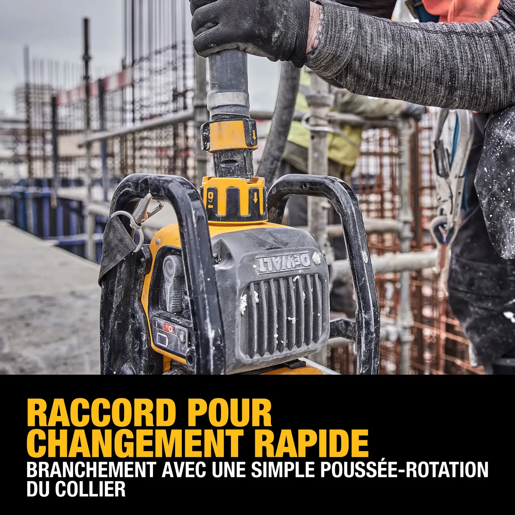 A construction worker uses a DEWALT power tool with a quick-change connection feature, shown on a job site with metal rebar in the background. The image highlights how to push in the desired shaft and twist the collar to remove.
