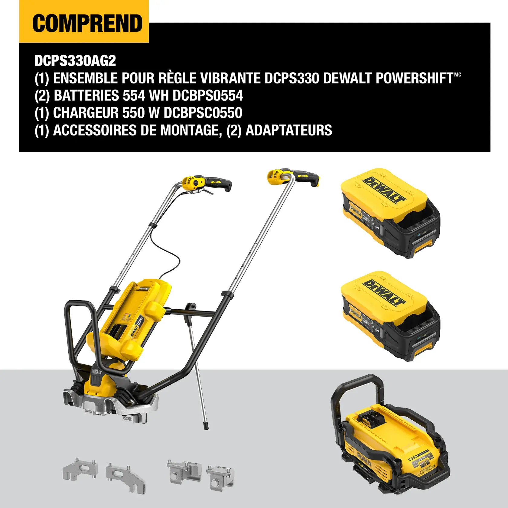 Three construction workers wearing safety vests and helmets are working at night on a building site. One worker uses a DEWALT power tool to smooth concrete, while the others assist with tools.