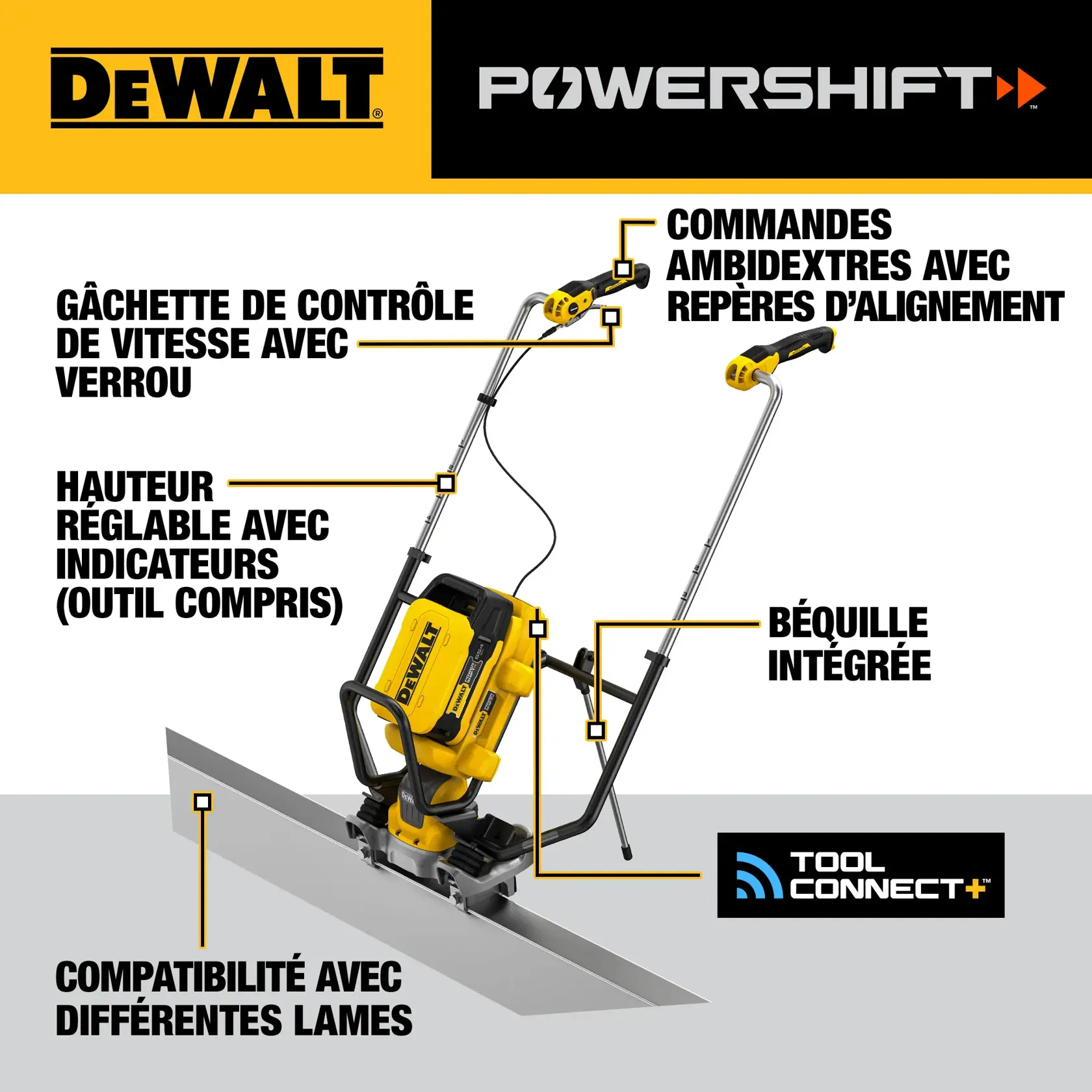 Several construction workers wearing safety vests and helmets are using a DEWALT concrete power screed to smooth out fresh concrete at a building site. The workers are operating the equipment and spreading the concrete in an unfinished structure.