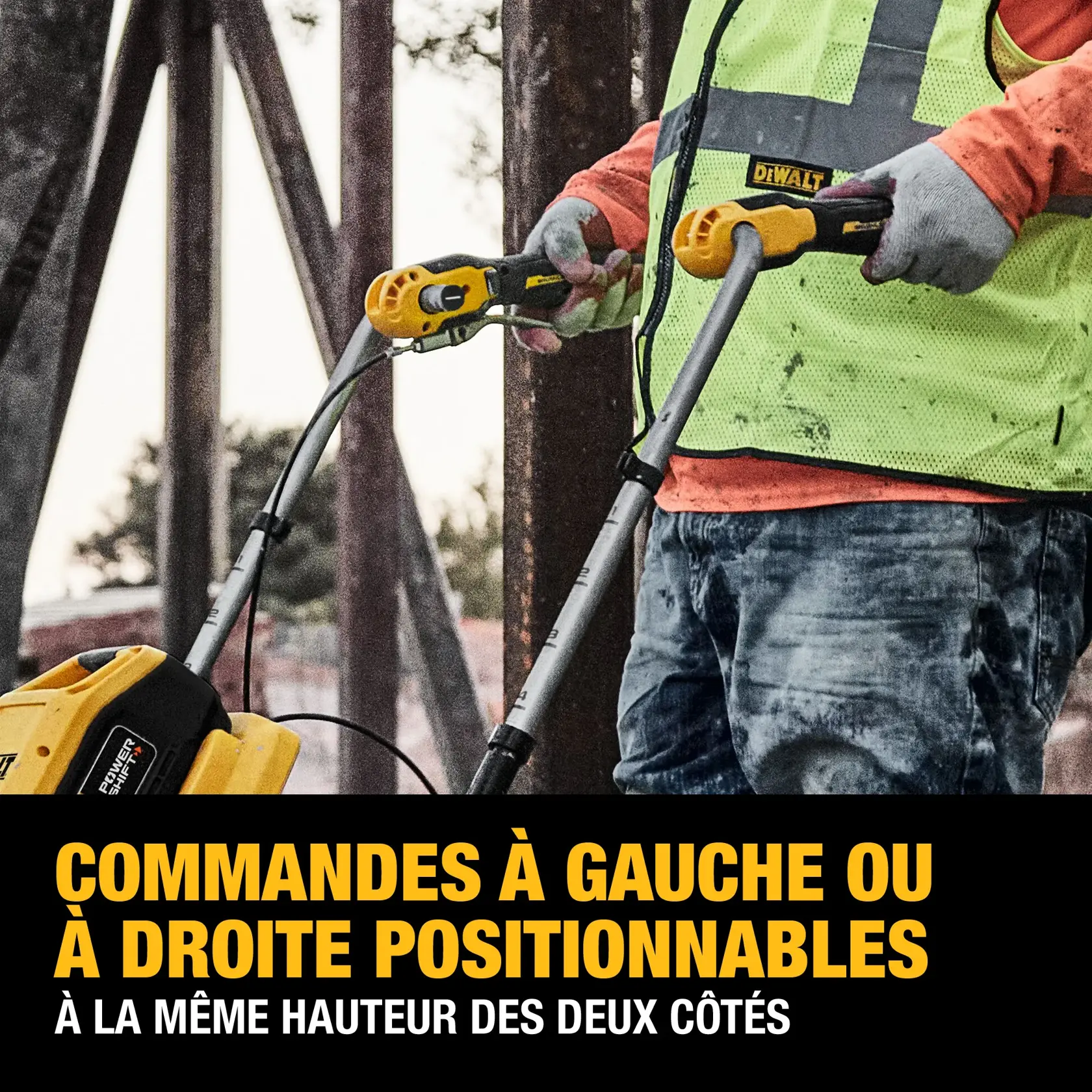 A person wearing a safety vest and helmet uses a DEWALT concrete screed machine to smooth a wet concrete surface at a construction site. Rebar rods and city buildings are visible in the background under a cloudy sky.