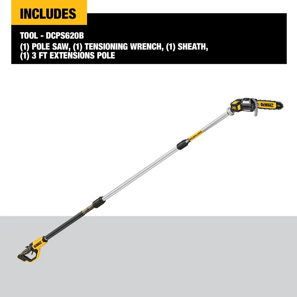 Image of a DEWALT DCPS620B pole saw kit showing the pole saw tool with an extended handle. The kit includes: one pole saw, one tensioning wrench, one sheath, and one 3-foot extension pole. The included items are listed in a black and yellow section at the top.