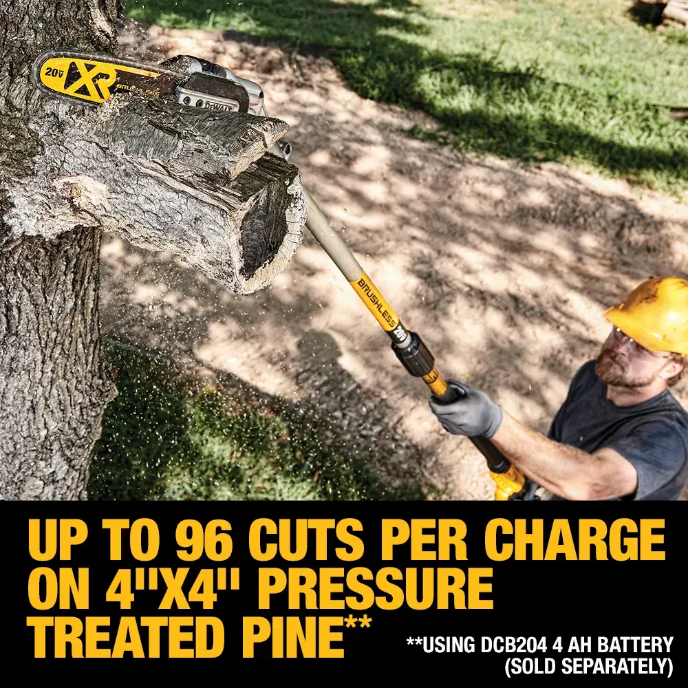 A person using a DEWALT pole saw to cut a tree branch. The saw is being used outdoors, and text on the image states 'Up to 96 cuts per charge on 4"x4" pressure treated pine. Using DCB204 4 AH battery (sold separately)'.