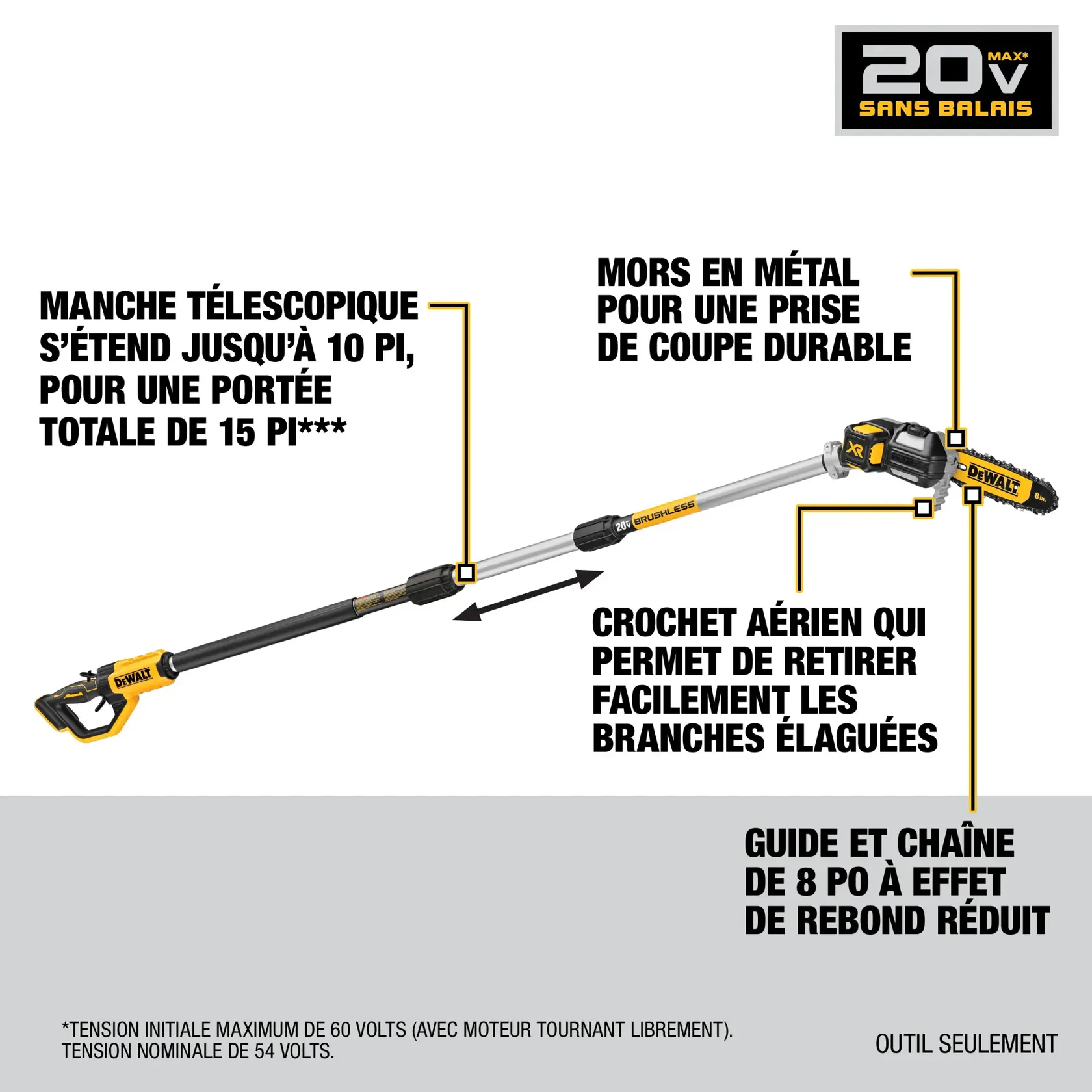 DEWALT 20V brushless cordless pole saw (model DCPS620B), extends up to 10 feet for a total reach of 15 feet. Features metal bucking spikes for durable cutting grip, limb hook for easy removal of pruned branches, and an 8-inch low kickback bar and chain. Tool only.