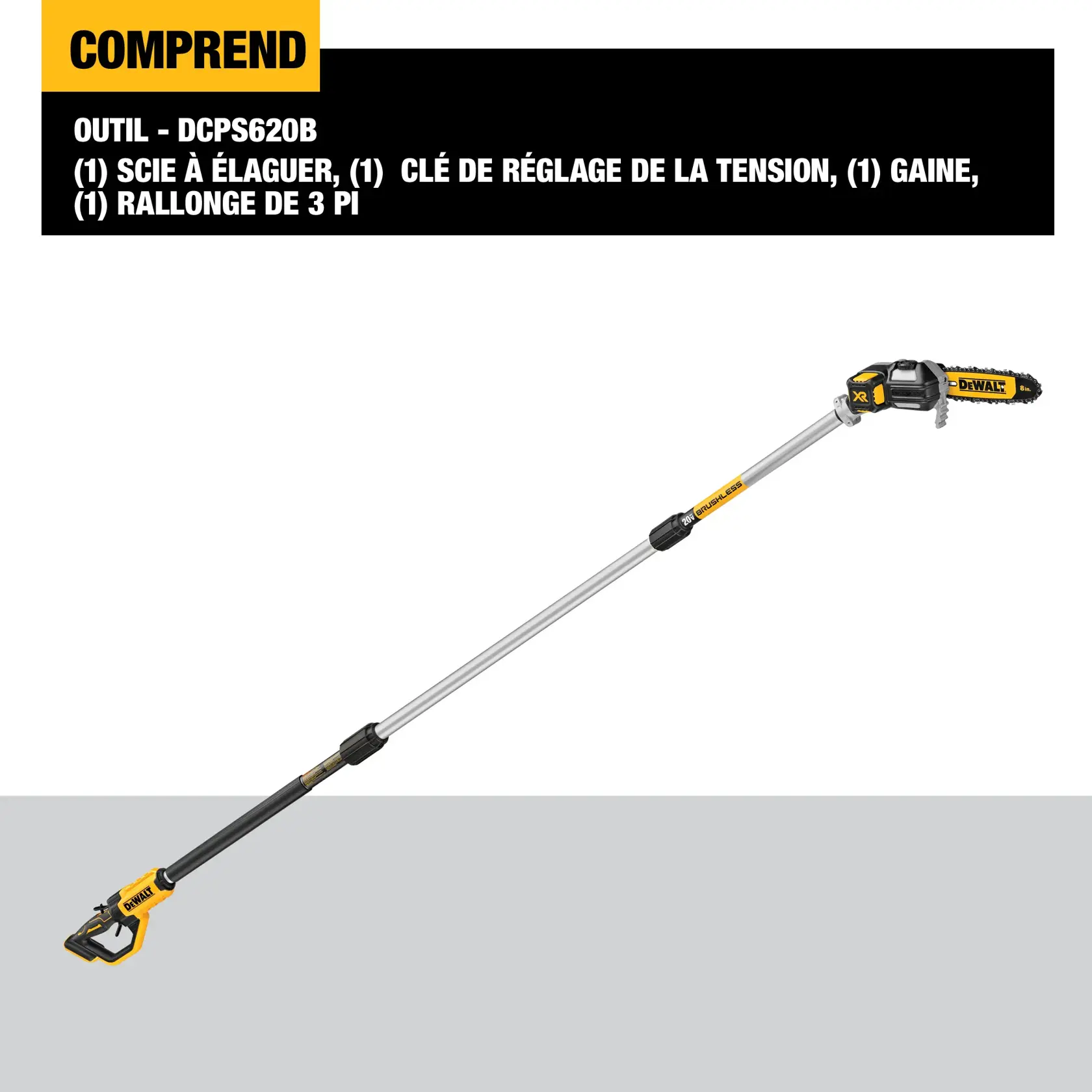 Image of a DEWALT DCPS620B pole saw kit showing the pole saw tool with an extended handle. The kit includes: one pole saw, one tensioning wrench, one sheath, and one 3-foot extension pole. The included items are listed in a black and yellow section at the top.