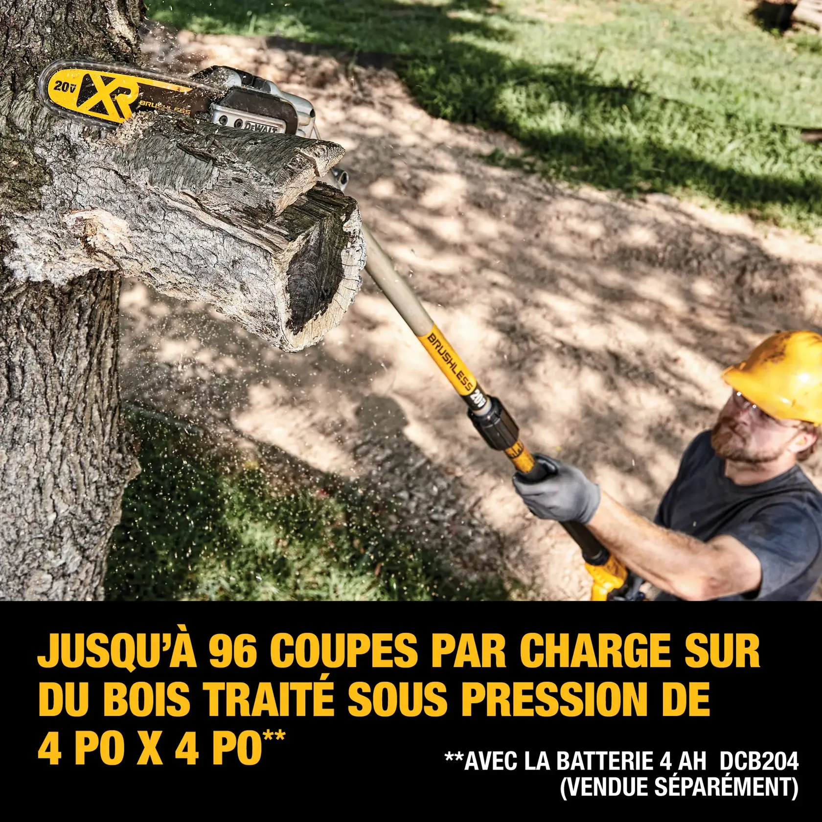 A person using a DEWALT pole saw to cut a tree branch. The saw is being used outdoors, and text on the image states 'Up to 96 cuts per charge on 4"x4" pressure treated pine. Using DCB204 4 AH battery (sold separately)'.
