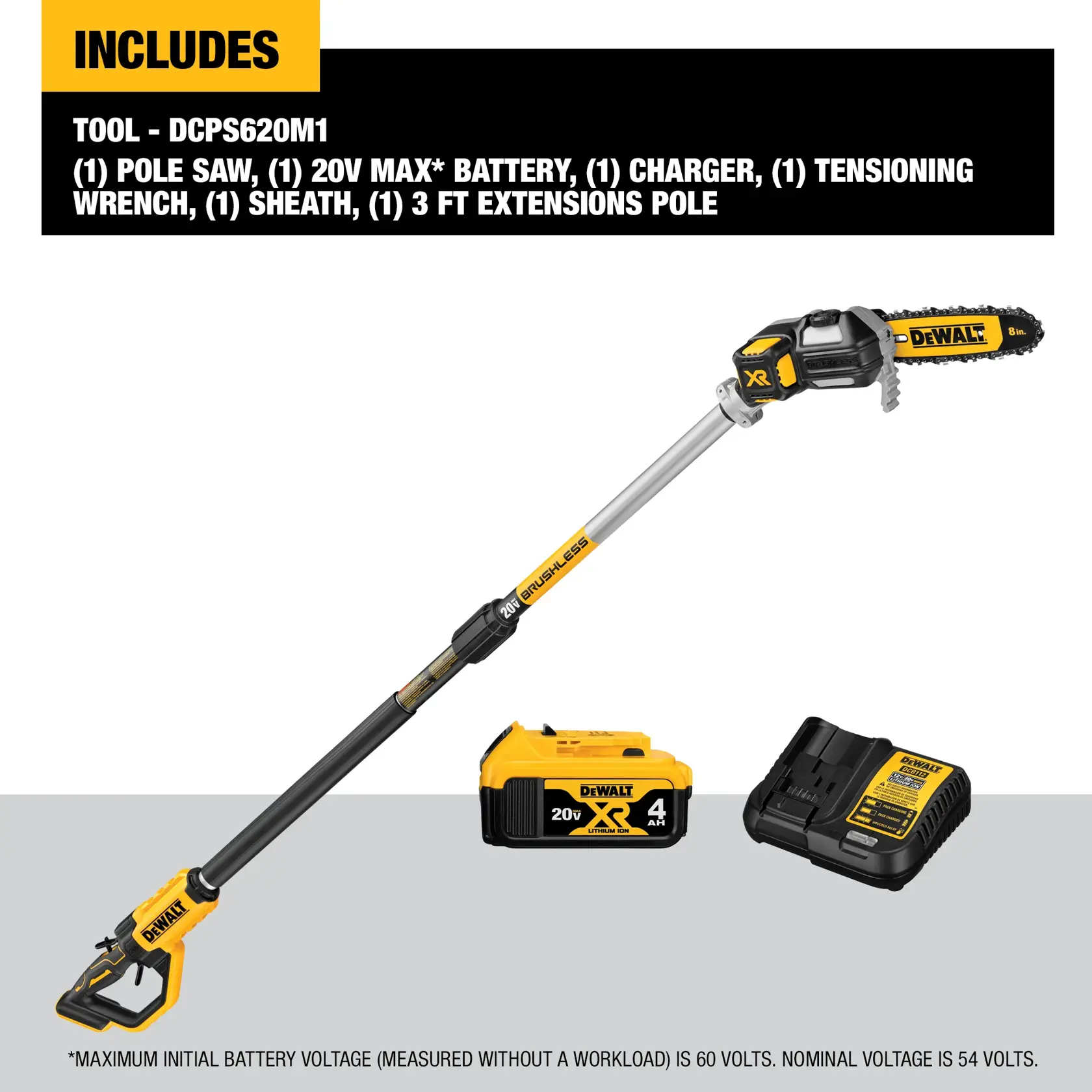 Image showing the DEWALT DCPS620M1 pole saw kit. Includes a pole saw, a 20V MAX* battery, a charger, a tensioning wrench, a sheath, and a 3-foot extension pole. The pole saw and battery charger are displayed.