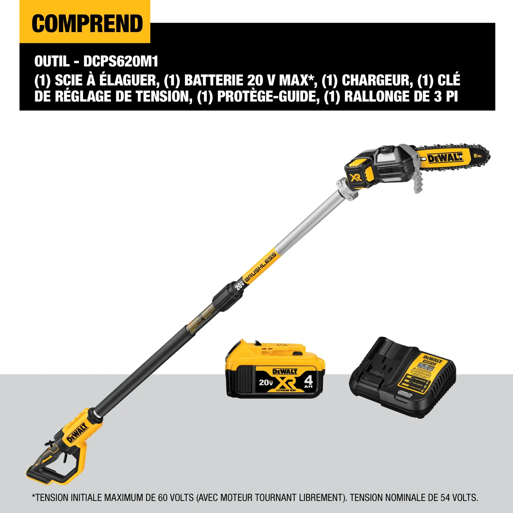 Image showing the DEWALT DCPS620M1 pole saw kit. Includes a pole saw, a 20V MAX* battery, a charger, a tensioning wrench, a sheath, and a 3-foot extension pole. The pole saw and battery charger are displayed.