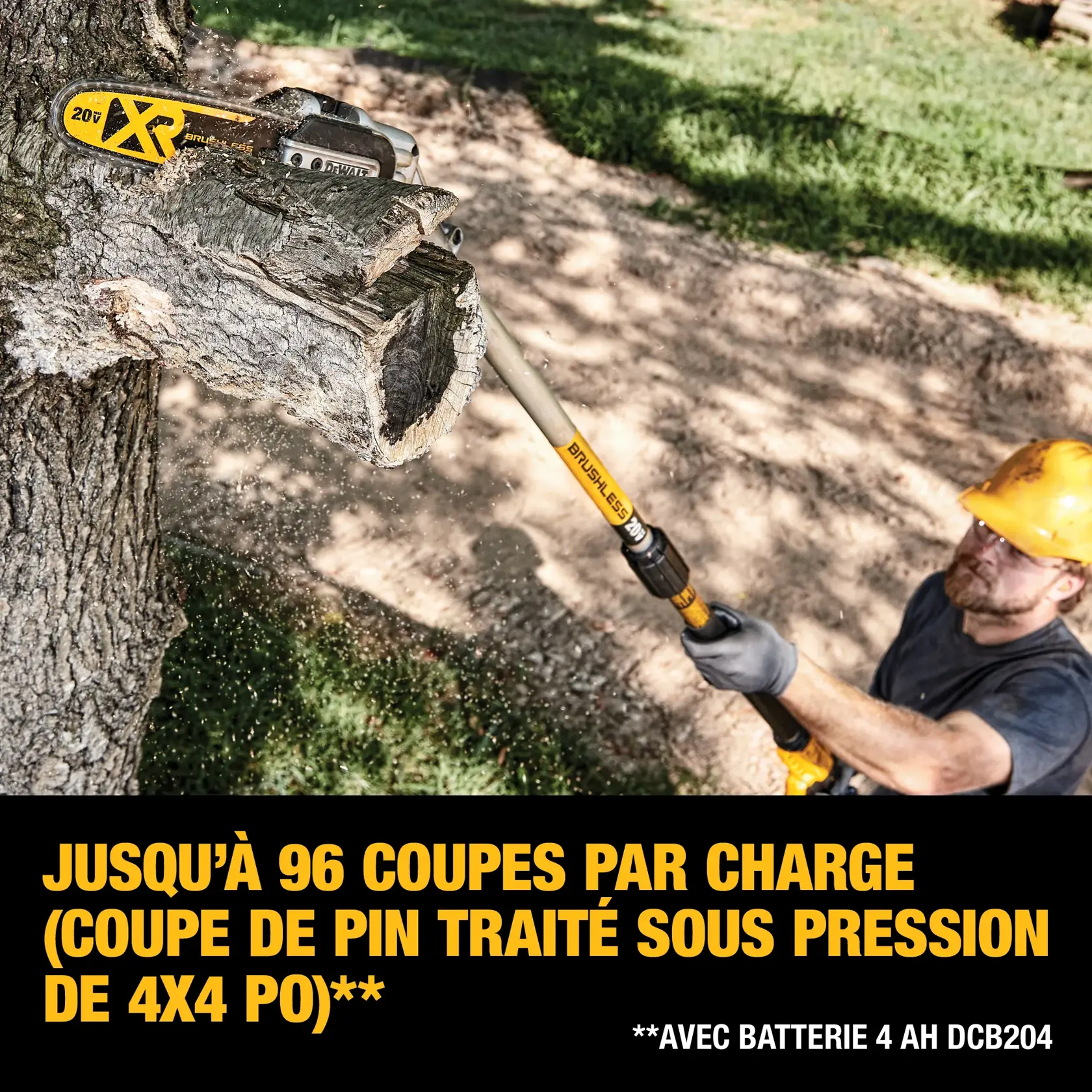 A DEWALT 20V XR cordless pole saw is being used to cut a thick tree branch. The text states 'Up to 96 cuts per charge on 4"x4" pressure treated pine' and notes that it uses the DCB204 4 AH battery, which is sold separately. A person wearing protective gear is operating the saw outdoors.