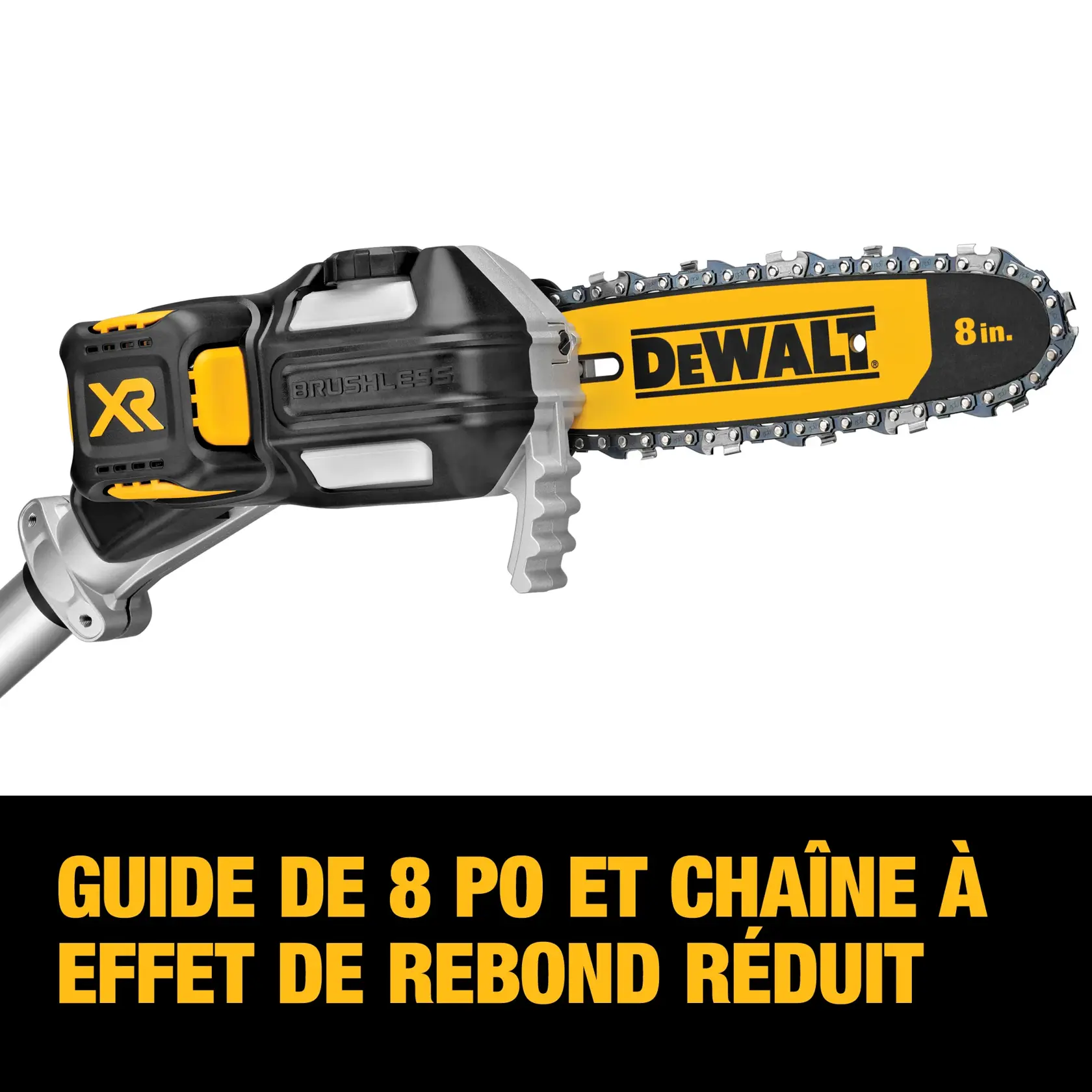A DEWALT pole saw cutting through a tree branch in an outdoor setting. There is a person in the background operating the tool, but their face is blurred.