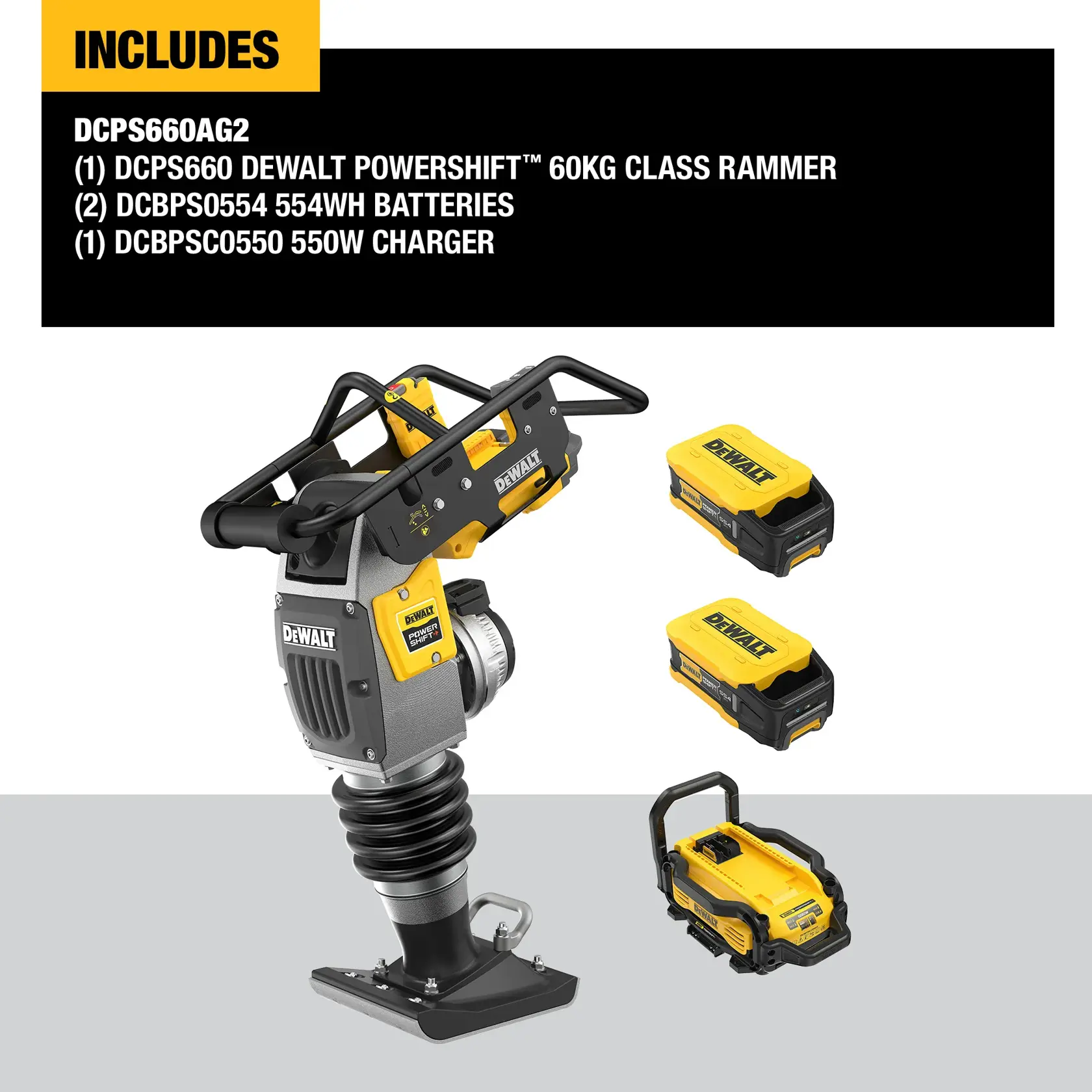 Image showing the DEWALT DCPS660AG2 kit, which includes a DEWALT Powershift 60kg class rammer, two DCBPS0554 554Wh batteries, and one DCBPSC0550 550W charger. The rammer and accessories are displayed on a white and gray background with a list of included items in a black box at the top.