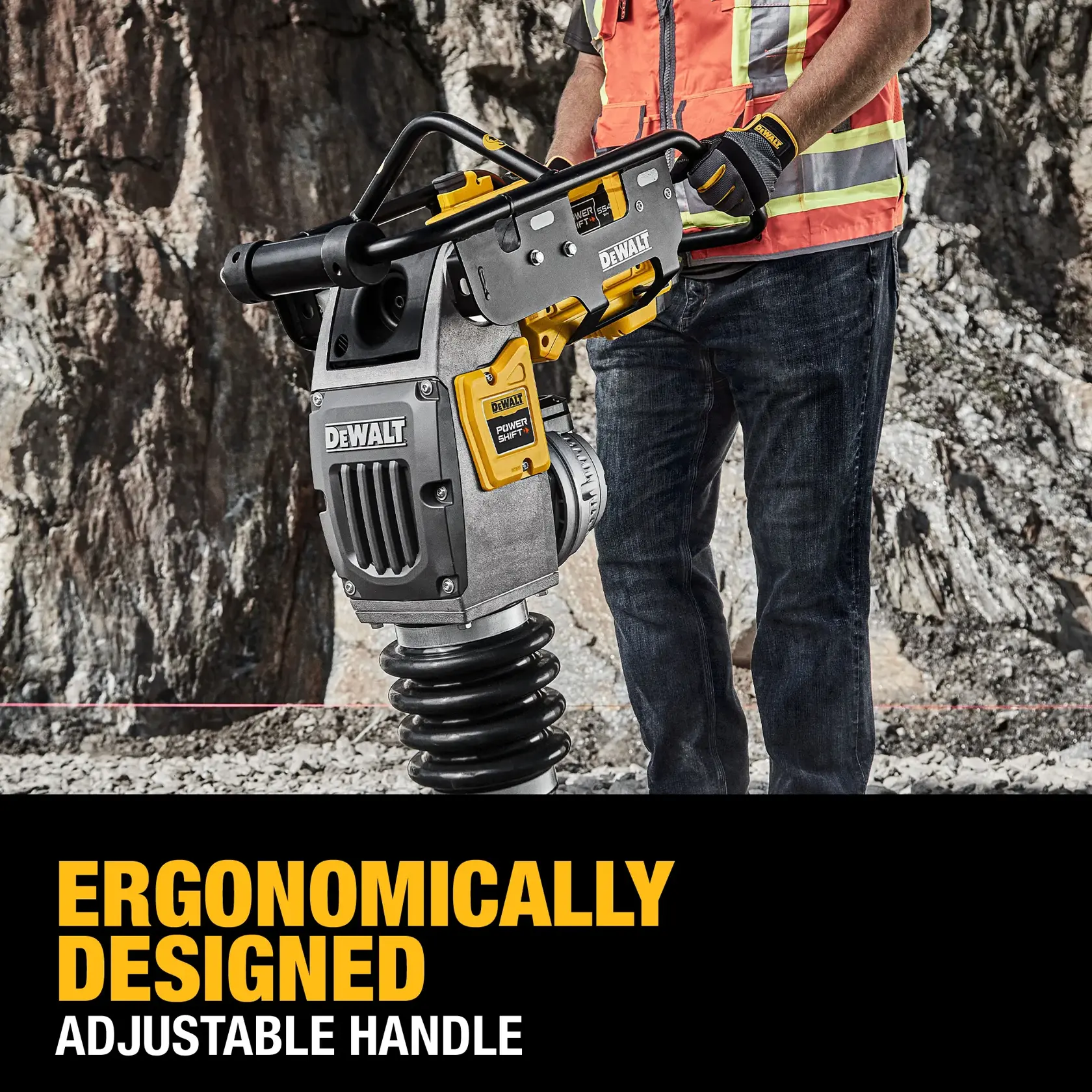 A DEWALT power tool with an adjustable handle is held by a person wearing a safety vest and gloves. The tool is showcased outdoors against a rocky background, with the text 'Ergonomically Designed Adjustable Handle' displayed below.