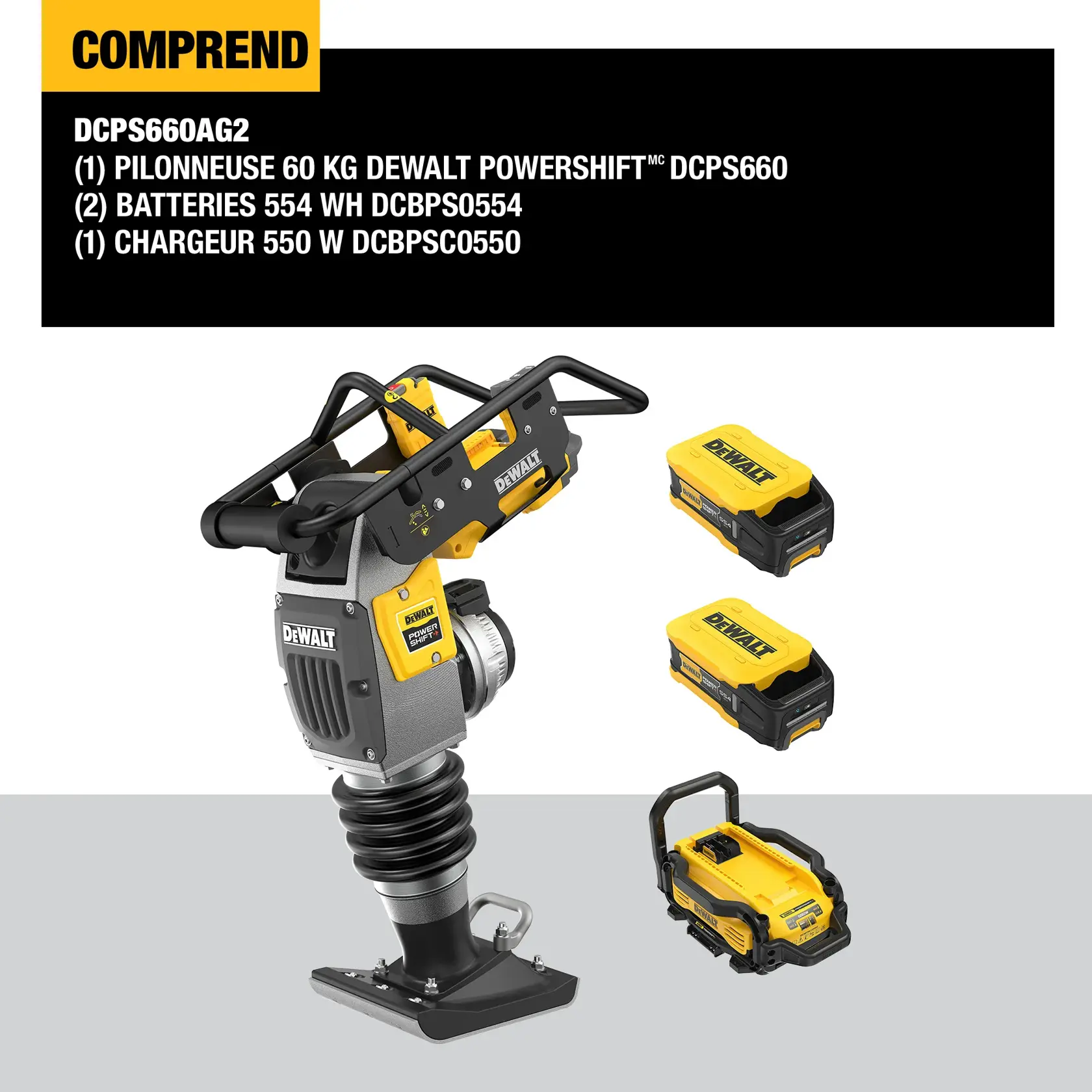 Image showing the DEWALT DCPS660AG2 kit, which includes a DEWALT Powershift 60kg class rammer, two DCBPS0554 554Wh batteries, and one DCBPSC0550 550W charger. The rammer and accessories are displayed on a white and gray background with a list of included items in a black box at the top.