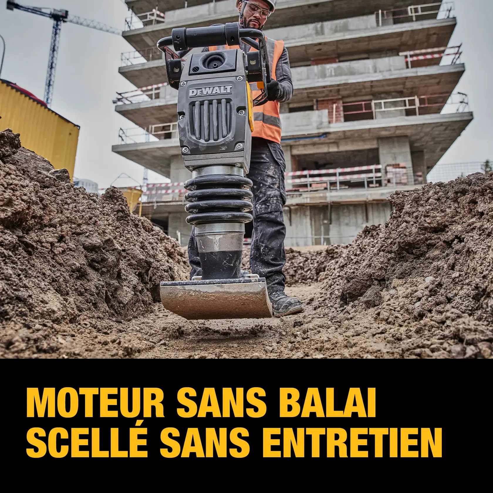 A person wearing a safety vest operates a DEWALT compactor with a sealed brushless motor at a construction site, surrounded by dirt and an unfinished building. The text below reads: 'MAINTENANCE-FREE SEALED BRUSHLESS MOTOR.'