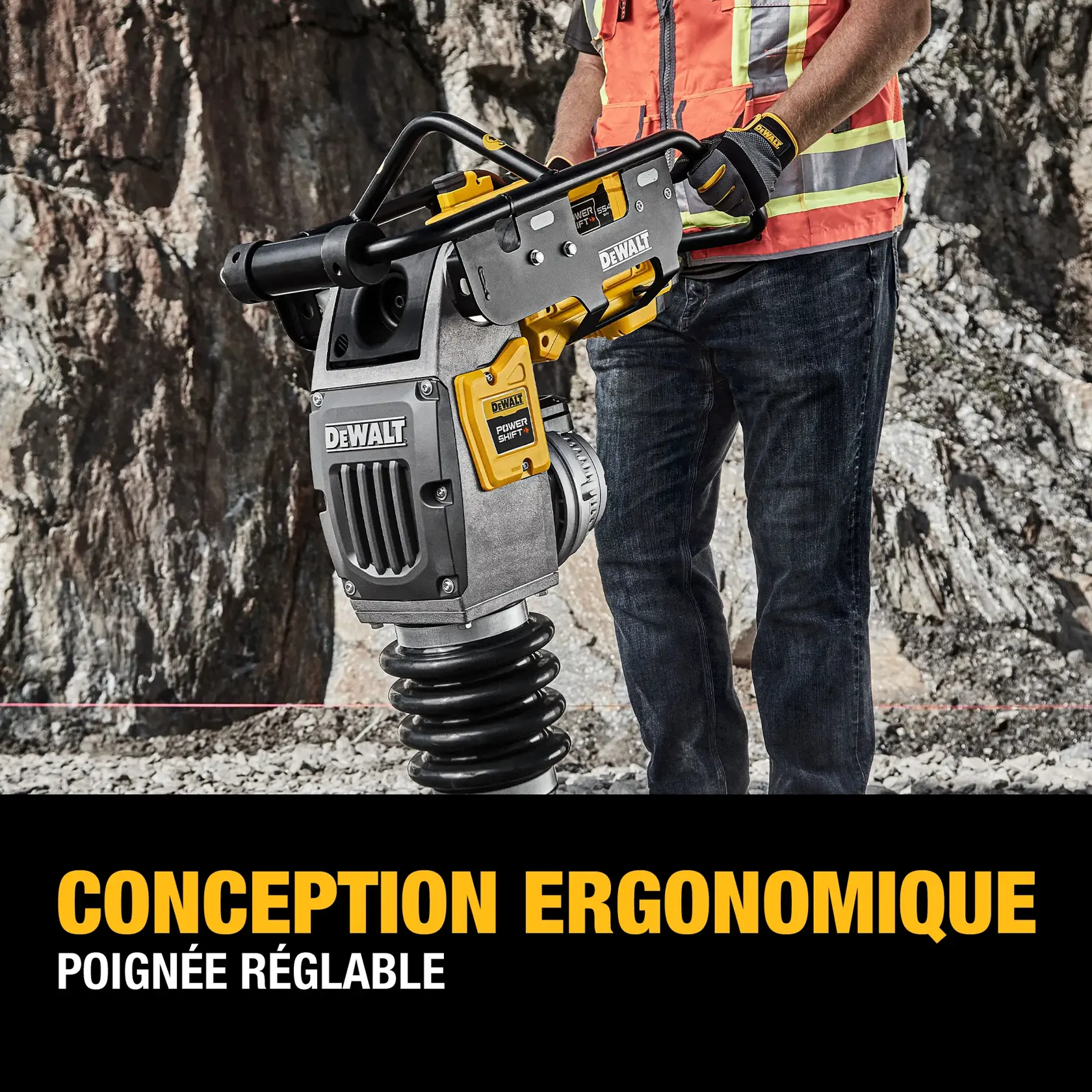 A DEWALT power tool with an adjustable handle is held by a person wearing a safety vest and gloves. The tool is showcased outdoors against a rocky background, with the text 'Ergonomically Designed Adjustable Handle' displayed below.