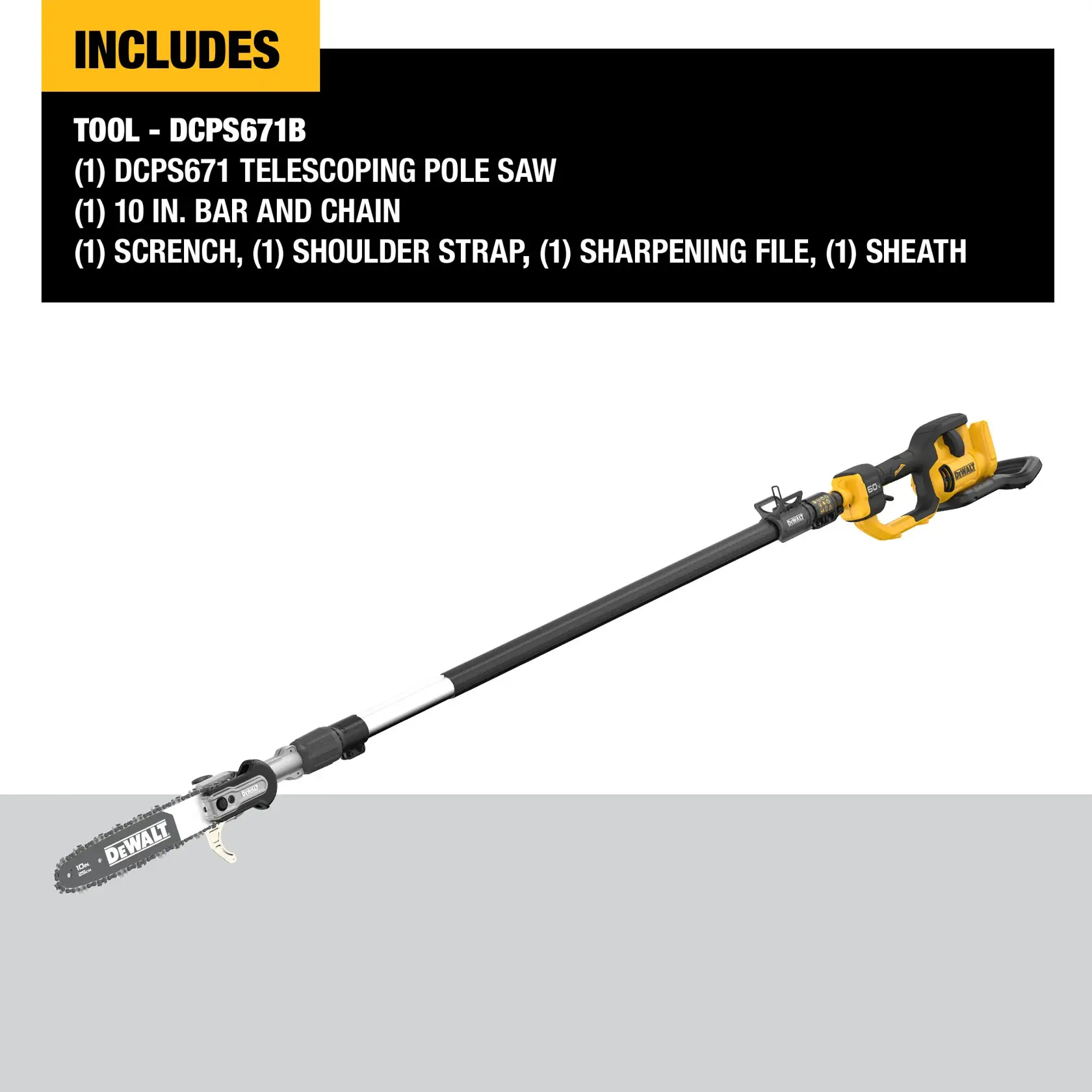 Image showing a DEWALT DCPS671B telescoping pole saw kit. The kit includes the telescoping pole saw, a 10-inch bar and chain, a scrench tool, a shoulder strap, a sharpening file, and a sheath. The pole saw is primarily black and yellow with the DEWALT logo visible on the bar.