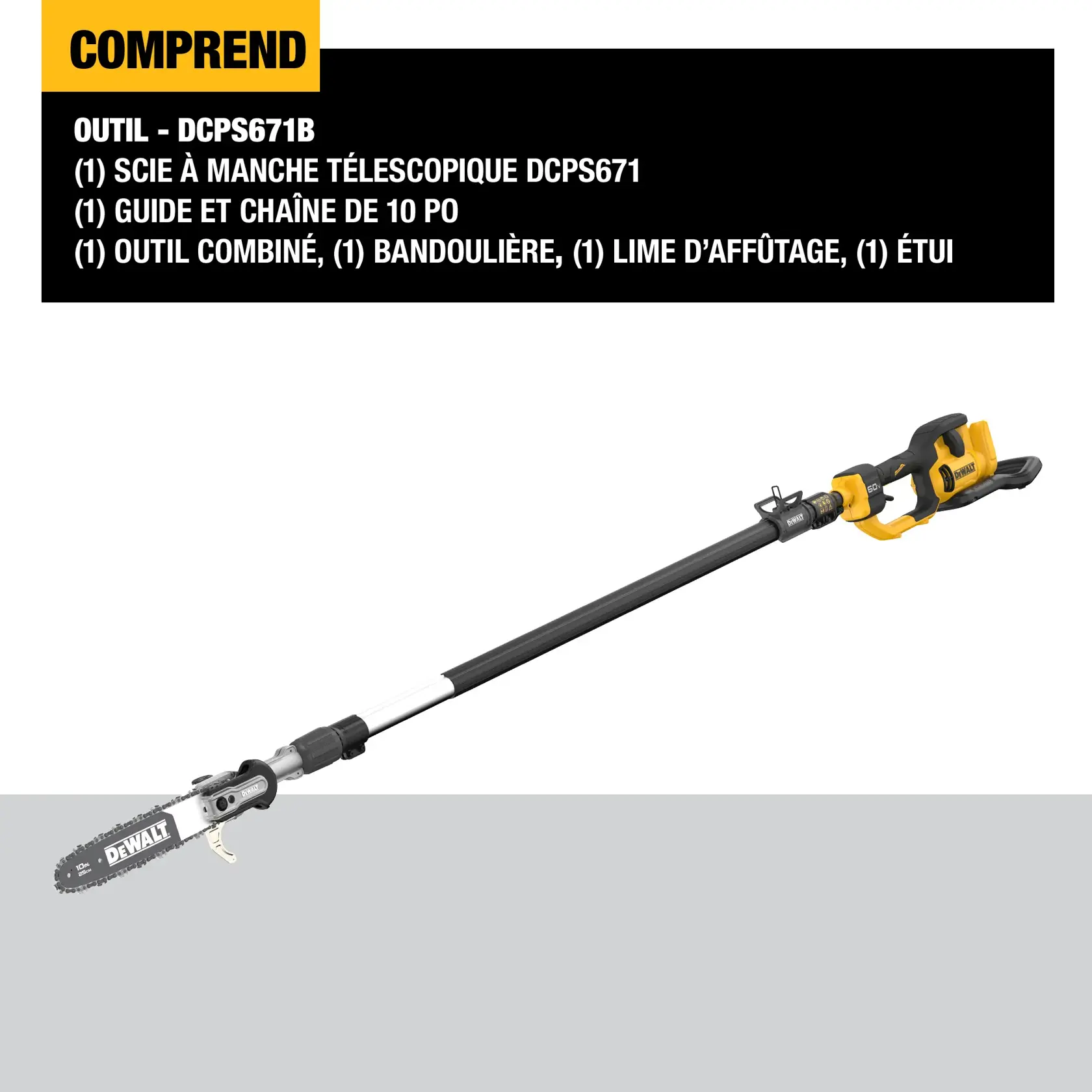Image showing a DEWALT DCPS671B telescoping pole saw kit. The kit includes the telescoping pole saw, a 10-inch bar and chain, a scrench tool, a shoulder strap, a sharpening file, and a sheath. The pole saw is primarily black and yellow with the DEWALT logo visible on the bar.