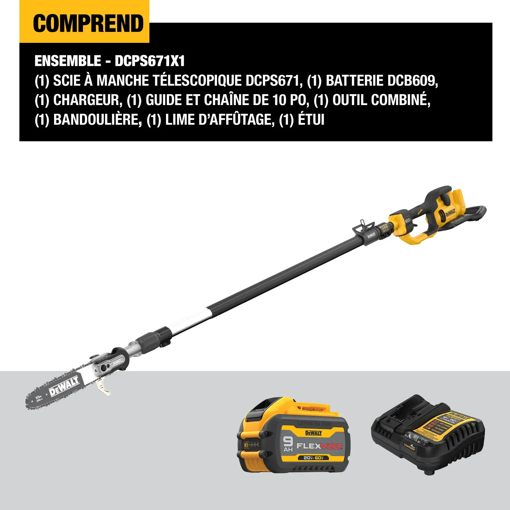 DEWALT DCPS671X1 telescoping pole saw kit includes a yellow and black telescoping pole saw, a 9 Ah FLEXVOLT battery, a charger, a 10-inch bar and chain, a scrench, a shoulder strap, a sharpening file, and a sheath. The contents are shown with the pole saw extended and the battery and charger displayed below.