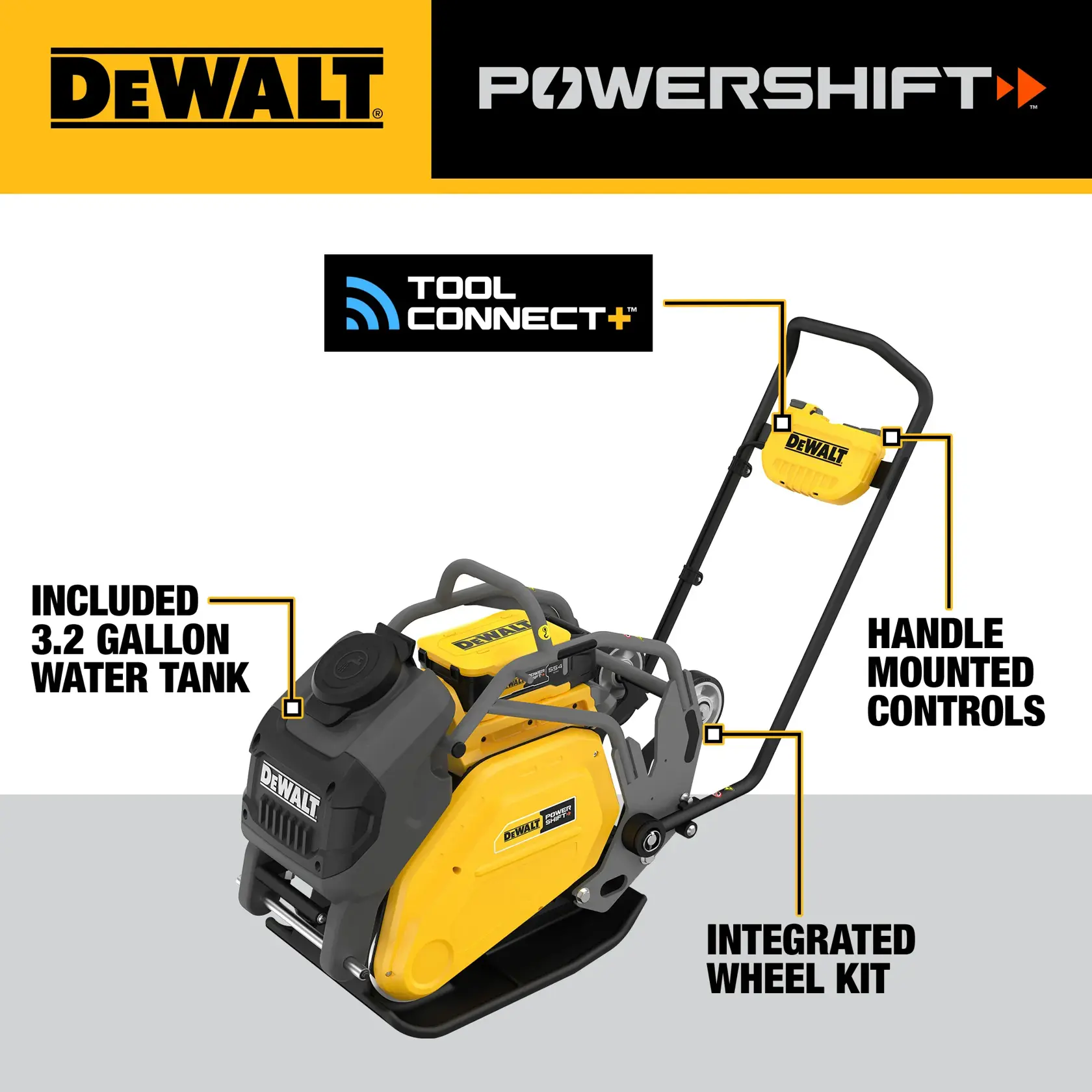 Image of a DEWALT POWERSHIFT plate compactor featuring Tool Connect+ technology. The compactor has a 3.2-gallon water tank, handle mounted controls, and an integrated wheel kit. The DEWALT branding is prominent at the top of the image.