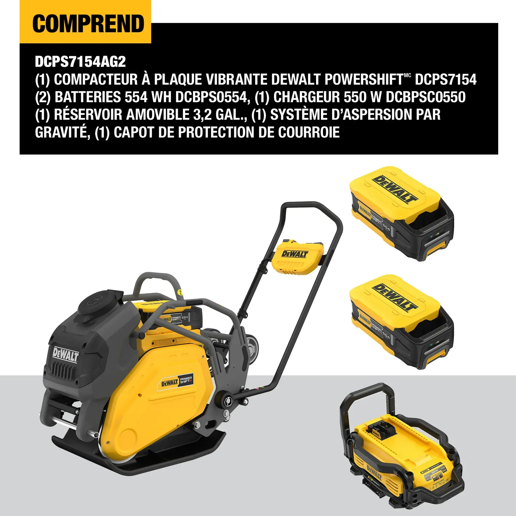Image showing the DEWALT Powershift Forward Plate Compactor (DCPS7154AG2) with included accessories: two 554Wh batteries (DCBPS0554), one 550W charger (DCBPSC0550), a 3.2 gallon removable water tank, a gravity feed sprinkler, and a drive belt cover. The compactor and accessories are arranged against a white and grey background. The top portion lists the included items in bold text.