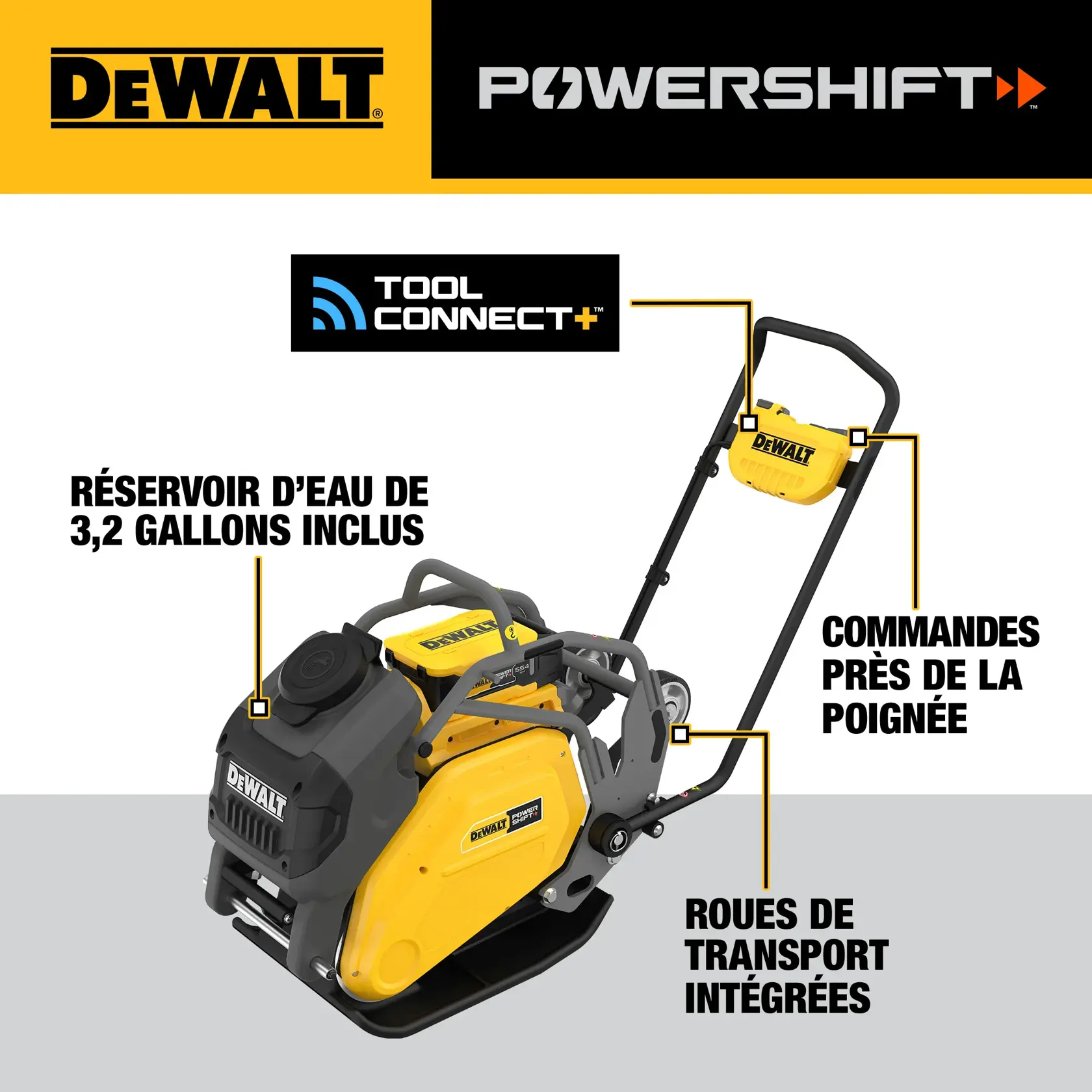Image of a DEWALT POWERSHIFT plate compactor featuring Tool Connect+ technology. The compactor has a 3.2-gallon water tank, handle mounted controls, and an integrated wheel kit. The DEWALT branding is prominent at the top of the image.