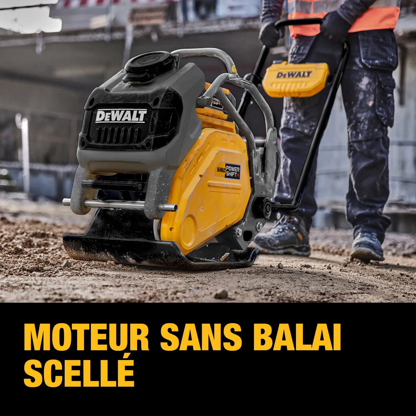 A DEWALT plate compactor with a sealed brushless motor is being used on a construction site. The product features a yellow and black design and is operated by a person wearing a safety vest and gloves. The slogan 'Maintenance-free sealed brushless motor' is highlighted at the bottom.