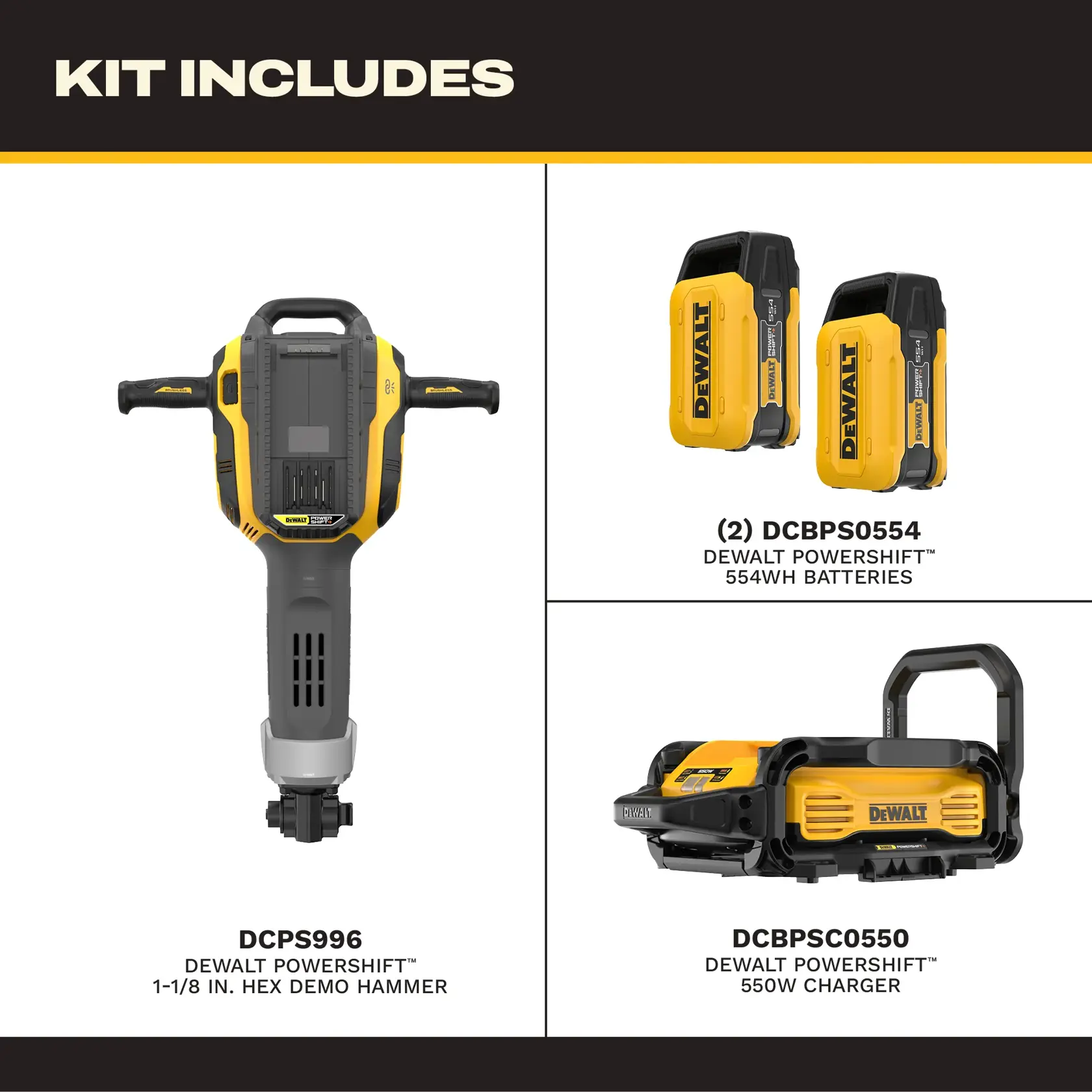 DEWALT kit with demo hammer, two 554Wh batteries, and a 550W charger shown in labeled product layout.