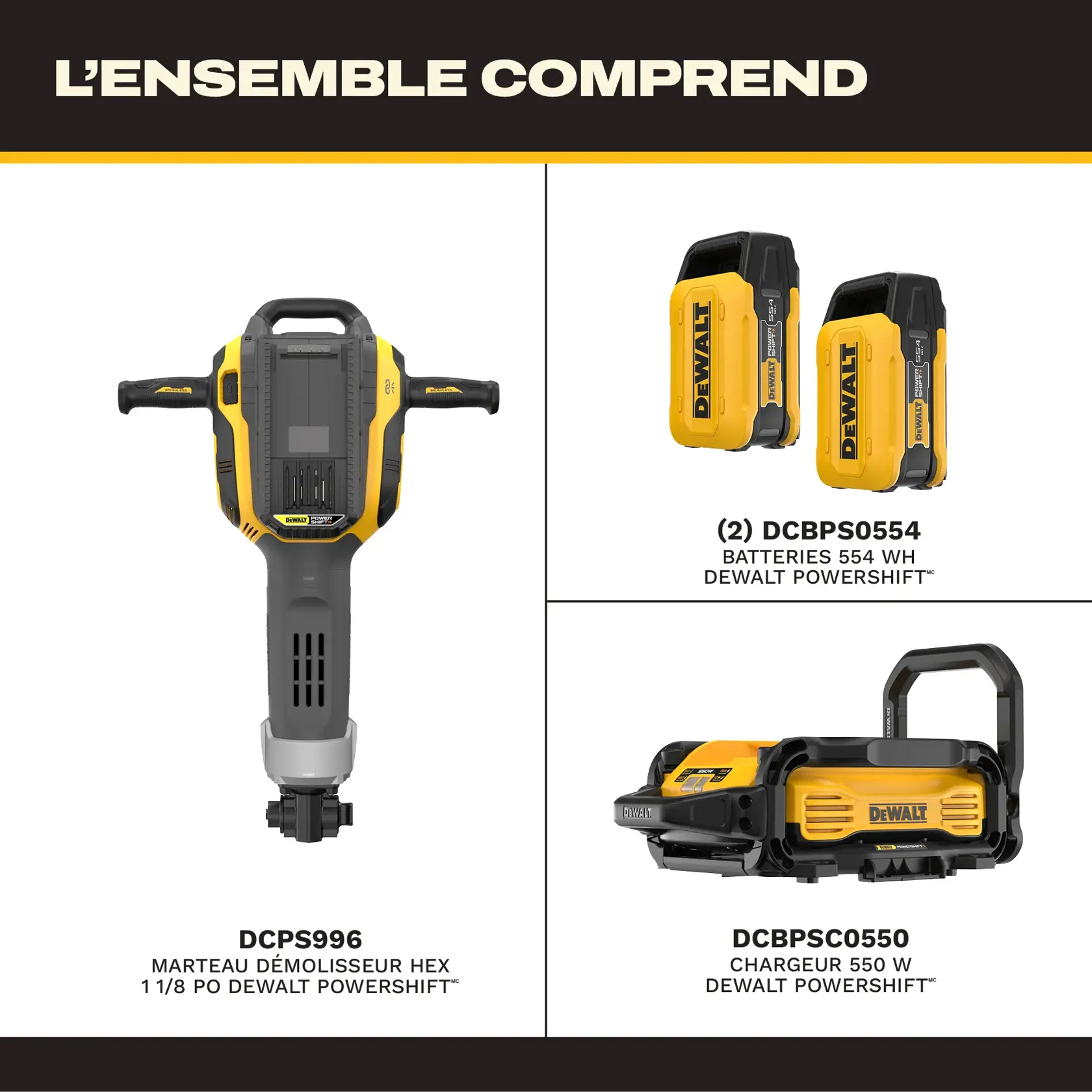 DEWALT kit with demo hammer, two 554Wh batteries, and a 550W charger shown in labeled product layout.