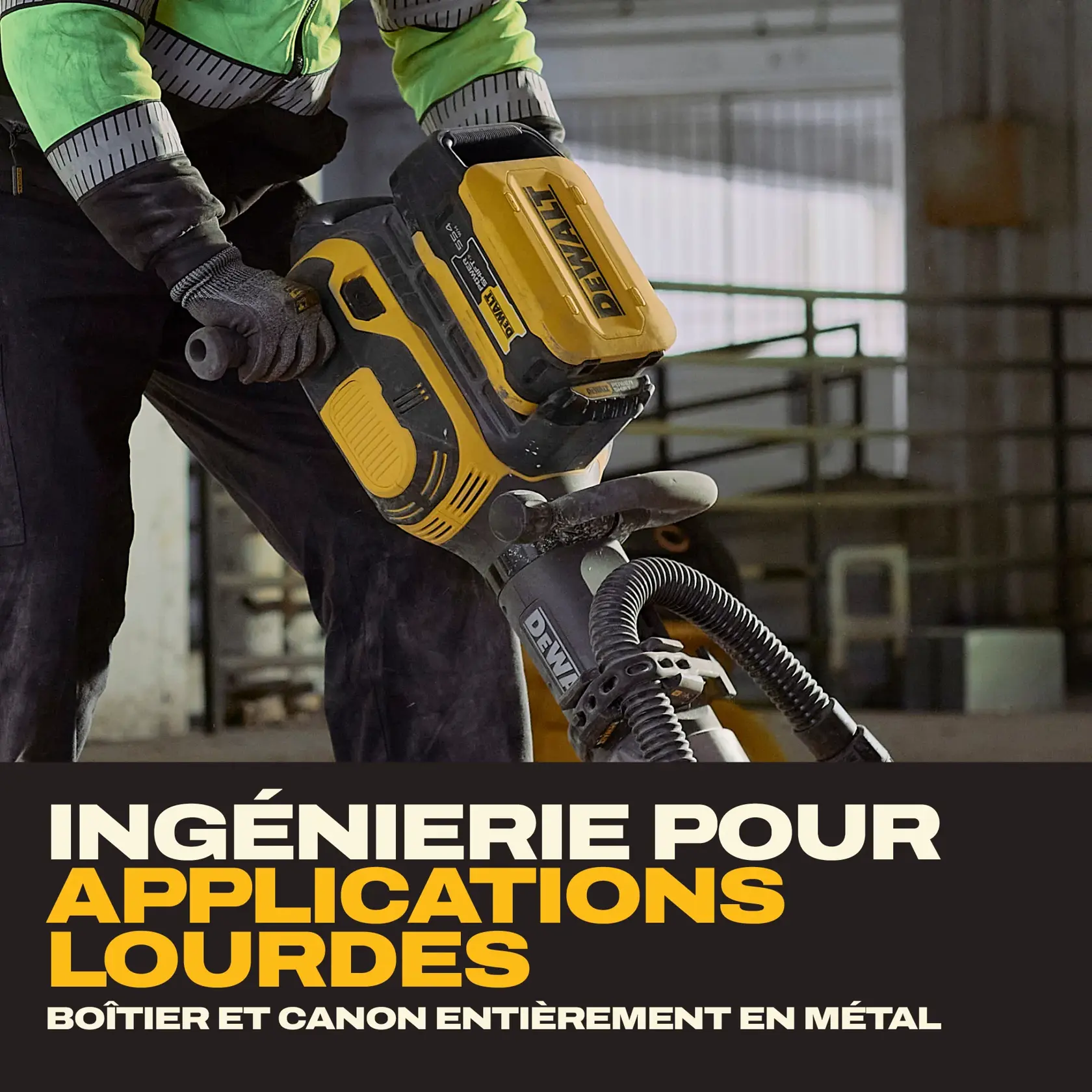 Worker using a DEWALT power tool. Text: Heavy-duty engineering, all-metal housing and barrel.