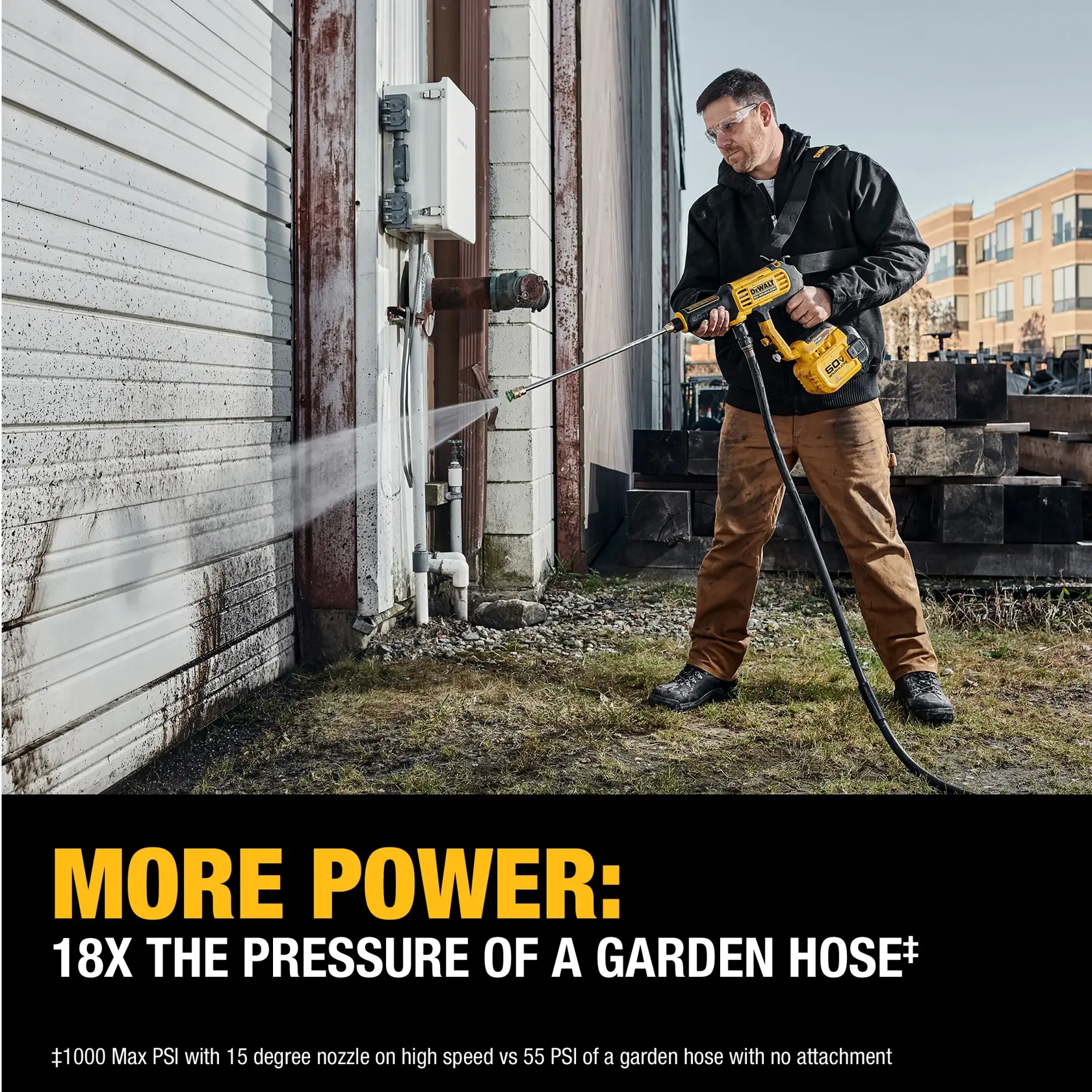 A person using a DEWALT DCPW1000X1 power washer, spraying water at high pressure onto a dirty white garage door. Promotional text states 'More Power: 18x the pressure of a garden hose.' The person's face is obscured.