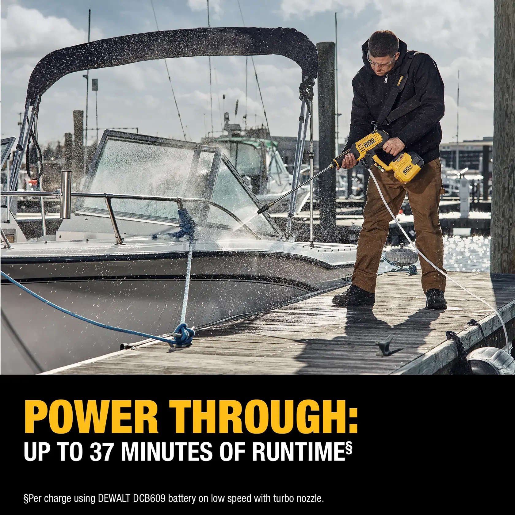 A person is cleaning a boat docked at a marina using a DEWALT cordless power washer. Water sprays onto the boat as the person stands on the dock. The text states 'POWER THROUGH: UP TO 37 MINUTES OF RUNTIME.'