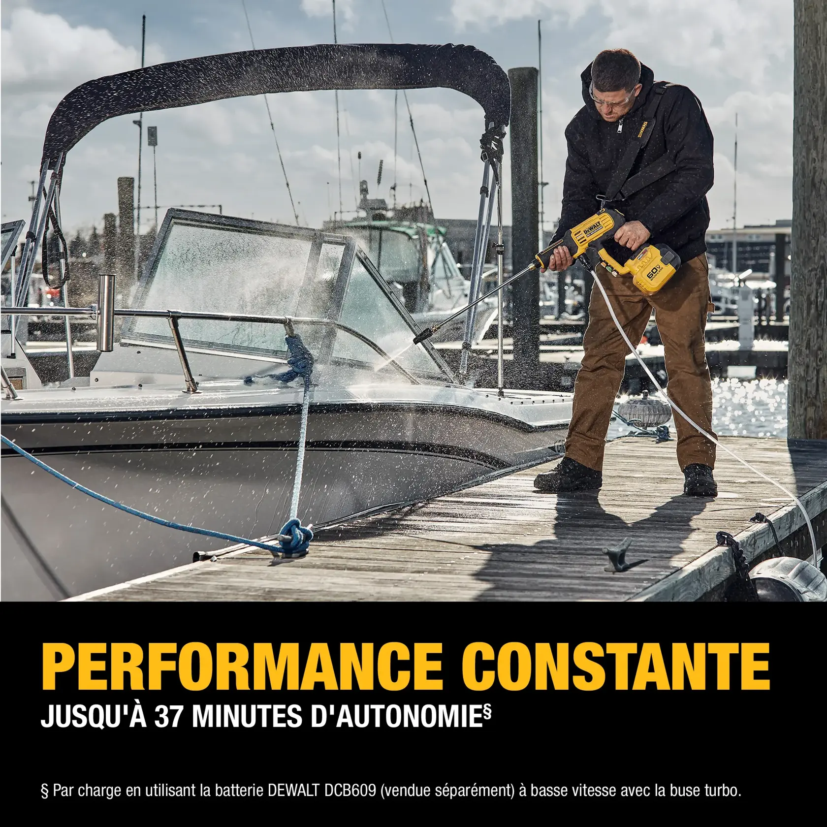 A person is cleaning a boat docked at a marina using a DEWALT cordless power washer. Water sprays onto the boat as the person stands on the dock. The text states 'POWER THROUGH: UP TO 37 MINUTES OF RUNTIME.'