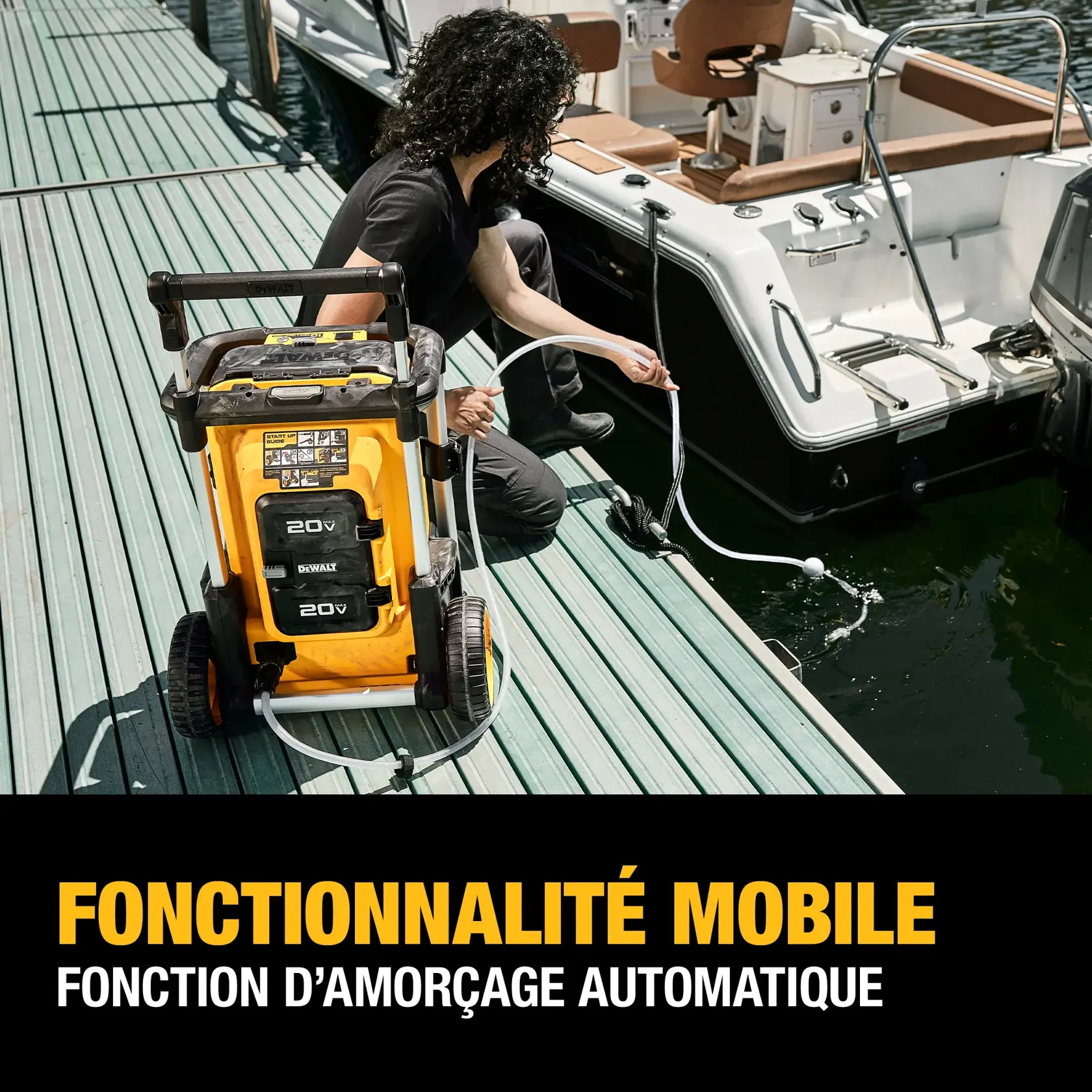 A person using a DEWALT portable pressure washer with 20V batteries on a dock next to a boat. The washer is equipped with a self-priming hose that is submerged in water. Text on the image highlights 'On-the-go functionality' and 'Self priming feature.'