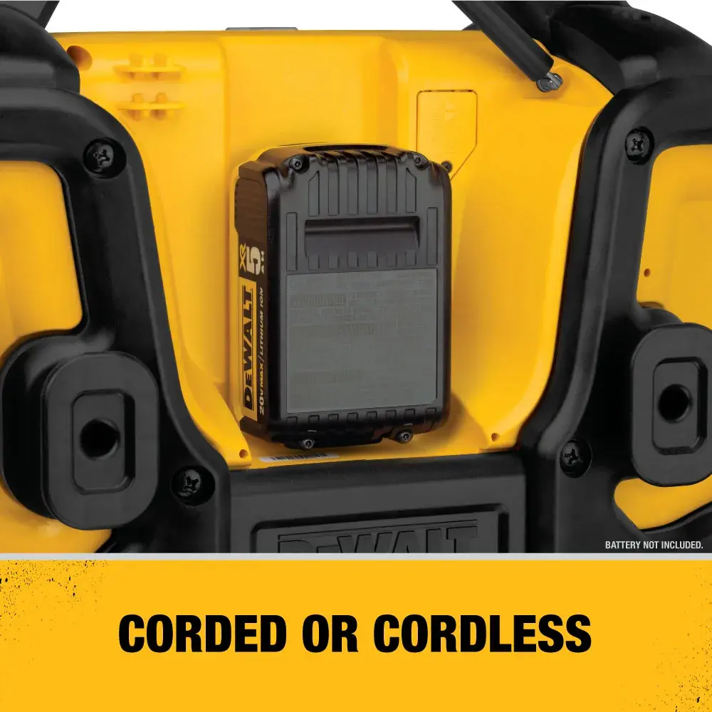 Close-up view of a DEWALT power tool showing a battery compartment, with the text 'Corded or Cordless' displayed below.