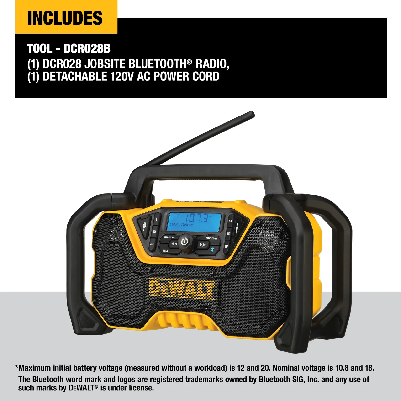 Image of a DEWALT DCR028B jobsite Bluetooth radio, with a yellow and black rugged design. The photo includes text stating that the package comes with one DCR028 jobsite Bluetooth radio and one detachable 120V AC power cord. Additional information about voltage and Bluetooth trademarks is shown at the bottom.