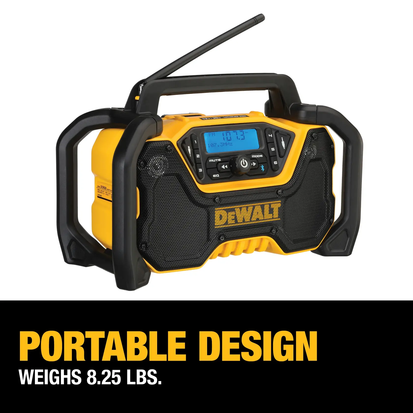 A DEWALT portable radio with a rugged yellow and black design, digital display, antenna, and protective handles. The text highlights its portable design and weight of 8.25 lbs.