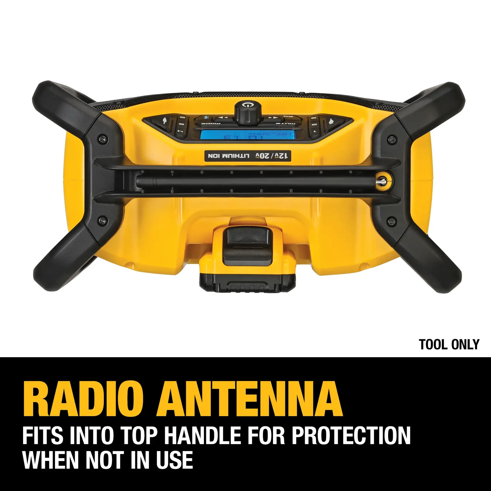 Top view of a DEWALT DCR028B radio, showing its black radio antenna securely fitted into the top handle for protection when not in use. The device is yellow with black accents and includes an LCD screen and control buttons.