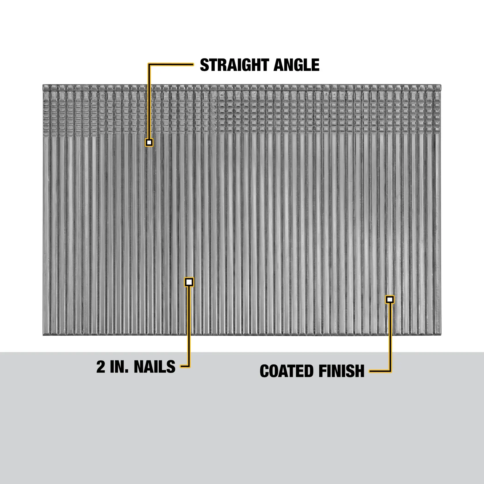 Close-up image of a set of DEWALT 2-inch straight angle nails with a coated finish, arranged side by side. The image highlights three features: straight angle, nail length of 2 inches, and coated finish.