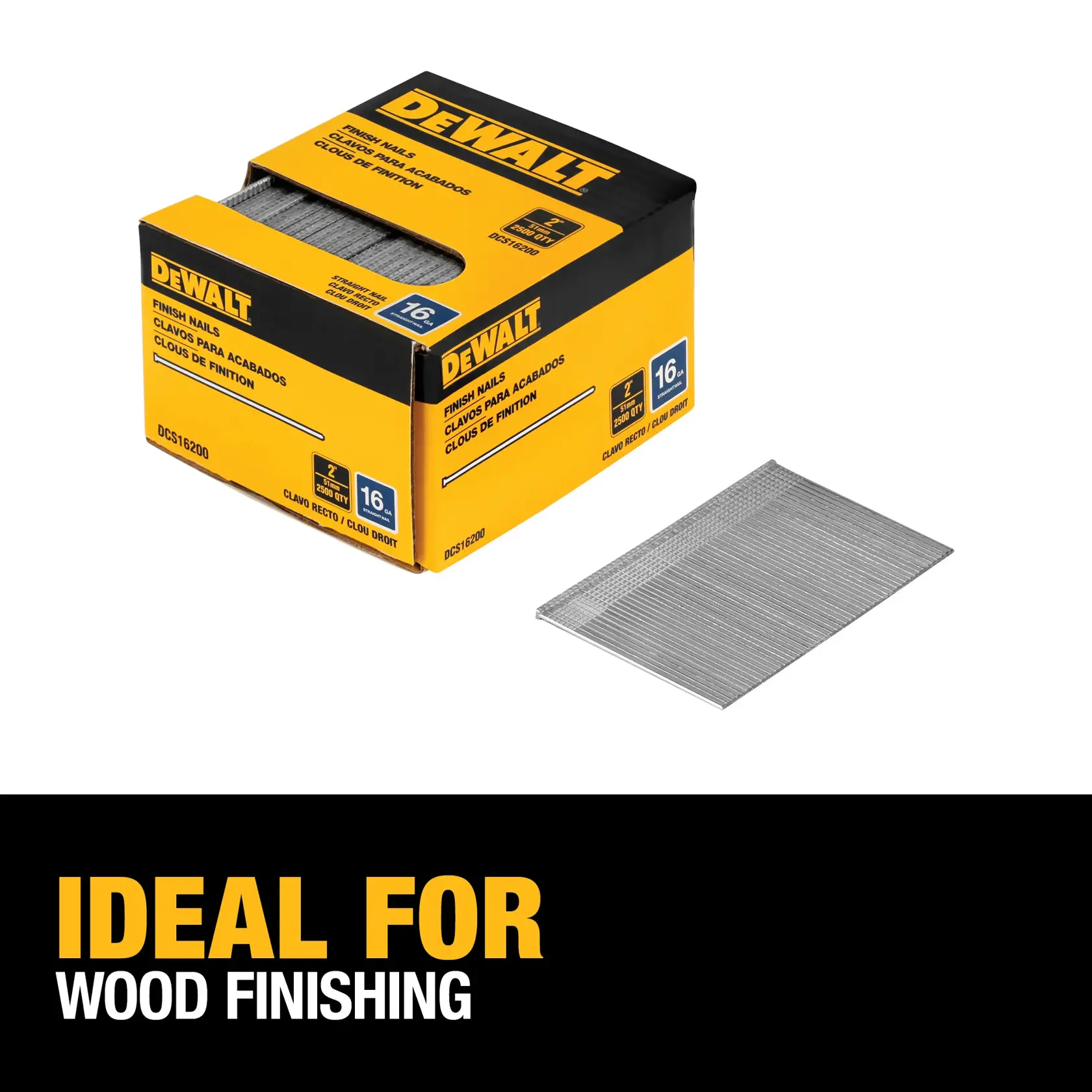 A box of DEWALT 16 gauge finish nails (model DCS16200) with some nails shown outside the box. The packaging is yellow and black and states the nails are ideal for wood finishing.