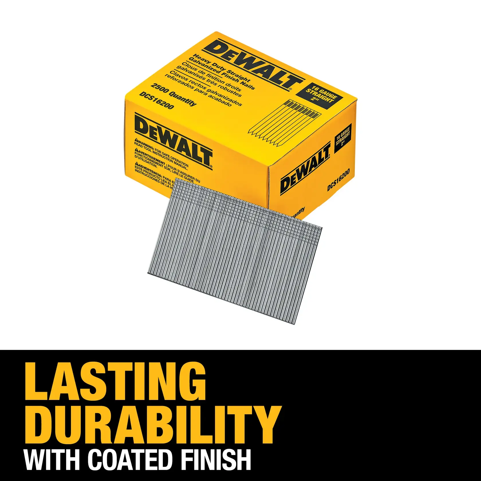 Box of DEWALT 15 gauge finish nails, model DCS16200, with a coated finish for lasting durability. The image shows the yellow product packaging and a set of silver nails in front. Text below reads: 'Lasting durability with coated finish.'